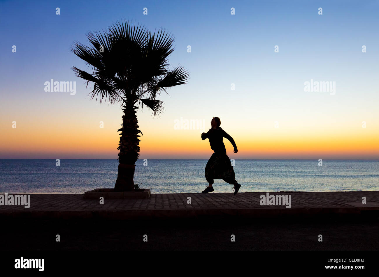 Giovane donna di jogging sul lungomare rendendo mattina tropicale Fitness Palm Tree alba colorata blu del mare. Focus su Palm Tree e pavimentata p Foto Stock