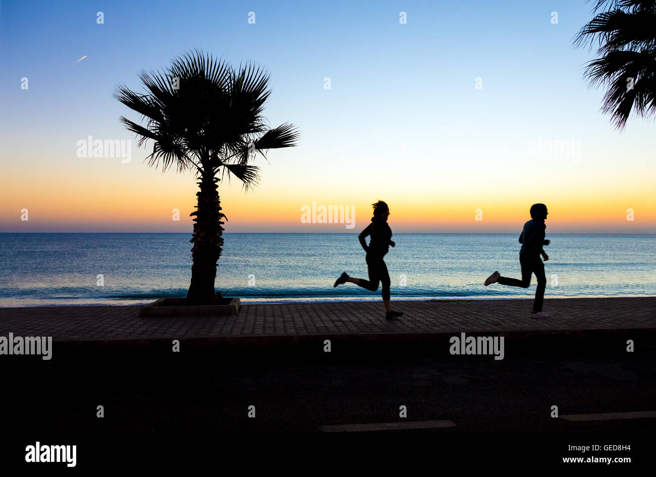 Due persone che l uomo e la donna di jogging sul lungomare rendendo mattina tropicale Fitness Palm Tree alba colorata blu del mare. Focus su Palm Tre Foto Stock