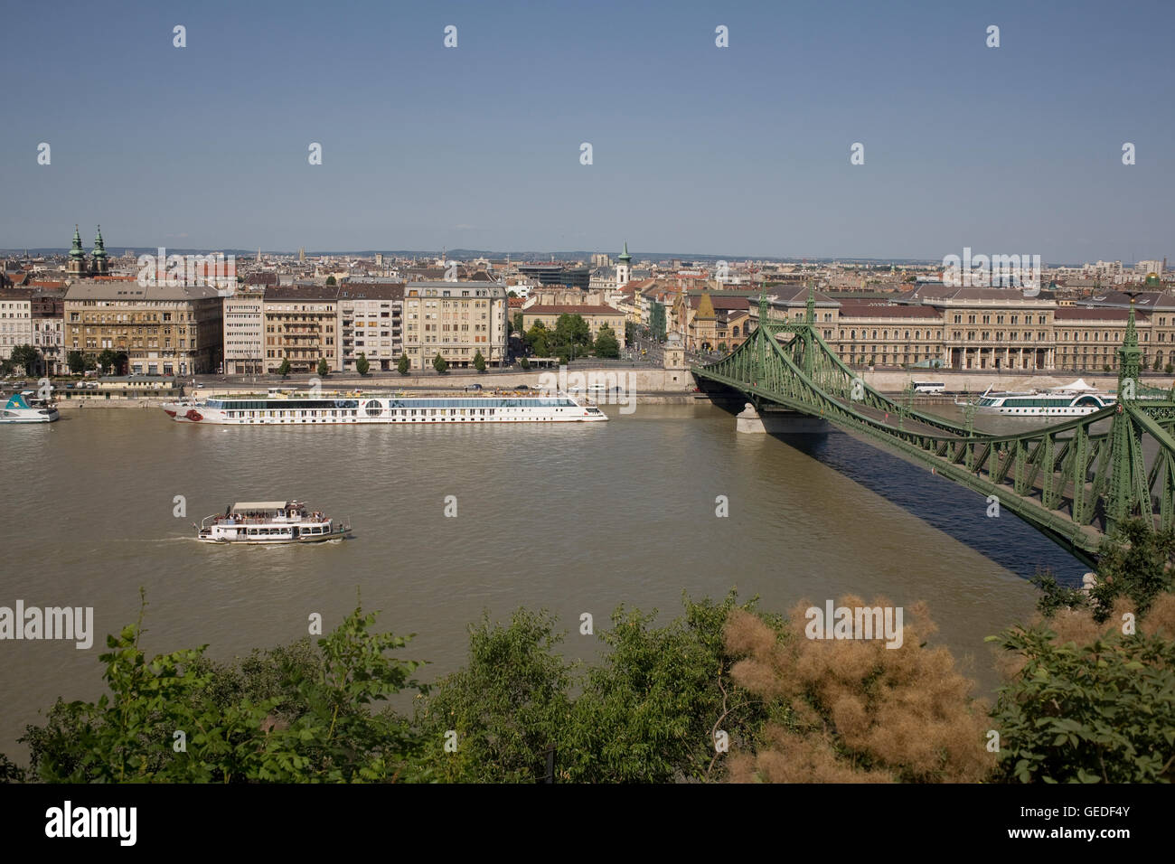 Il fiume Danubio con il battello da crociera in direzione di Ponte della Libertà Foto Stock