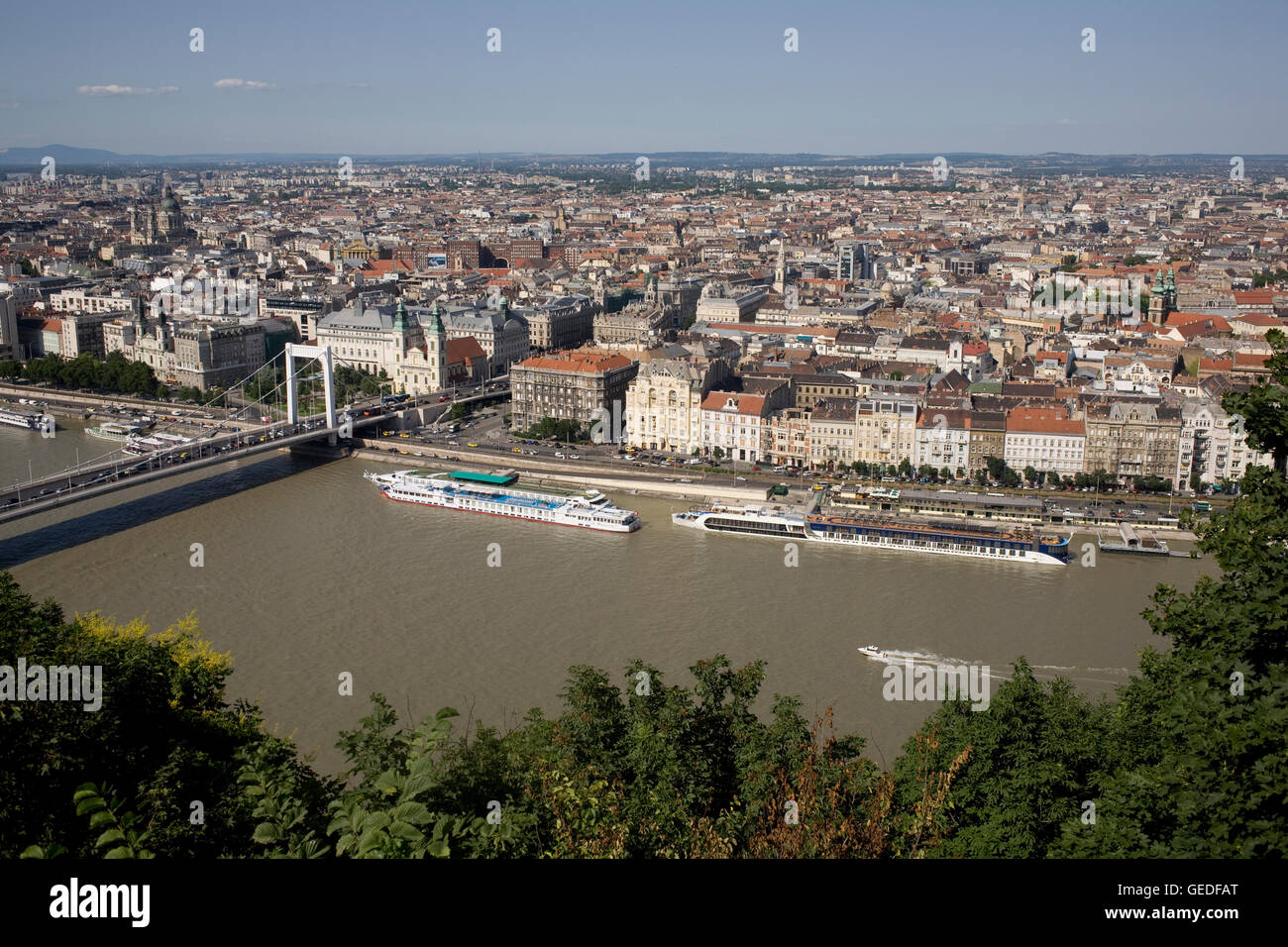 Il fiume Danubio, dal centro città e east end di Elizabeth Bridge visto dalla collina di Gellert Foto Stock