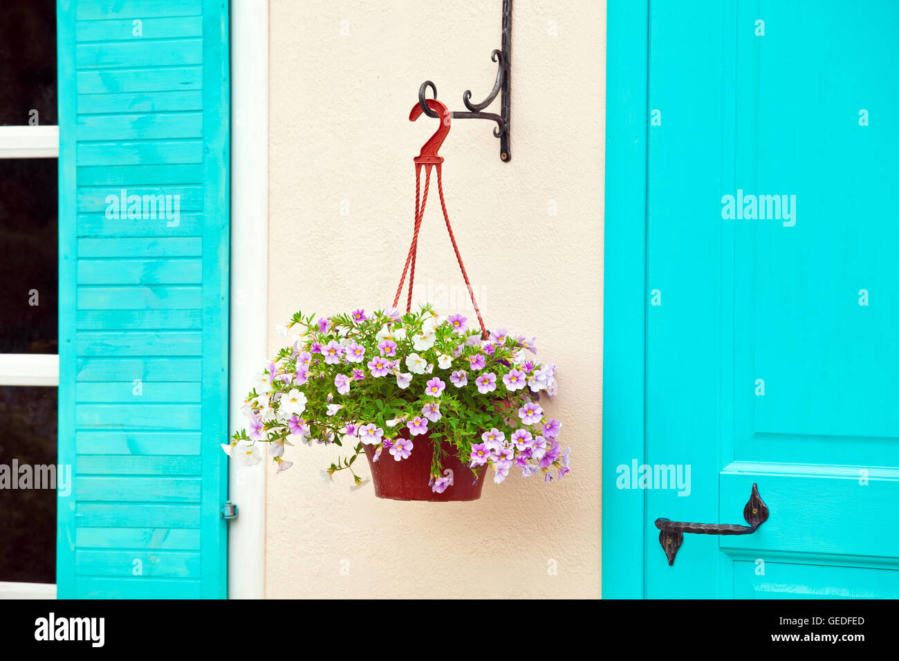 Vaso con fiori sulla parete Foto Stock