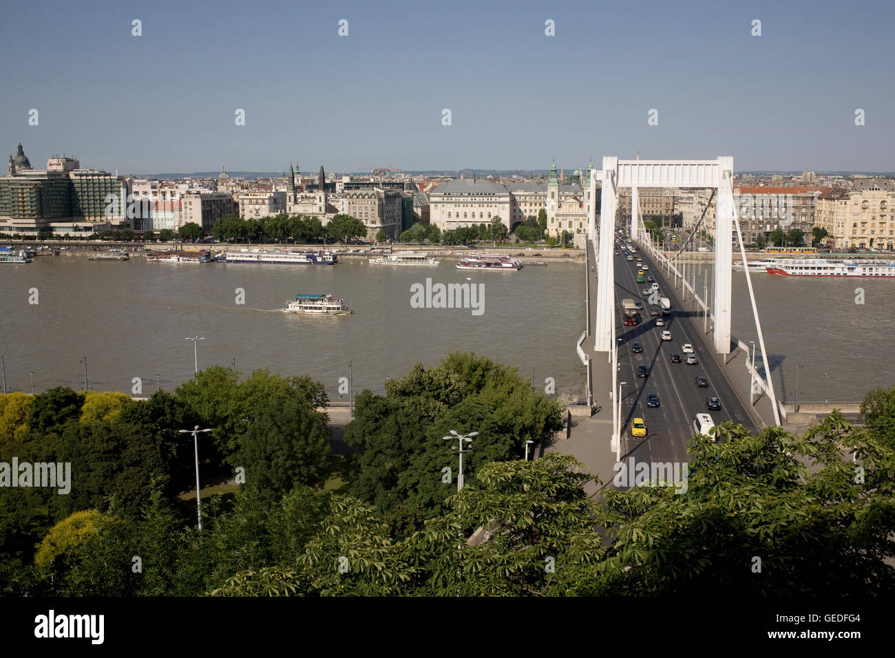 Vista Est attraverso il Danubio dal parco sul lato di Buda del ponte Elisabetta Foto Stock