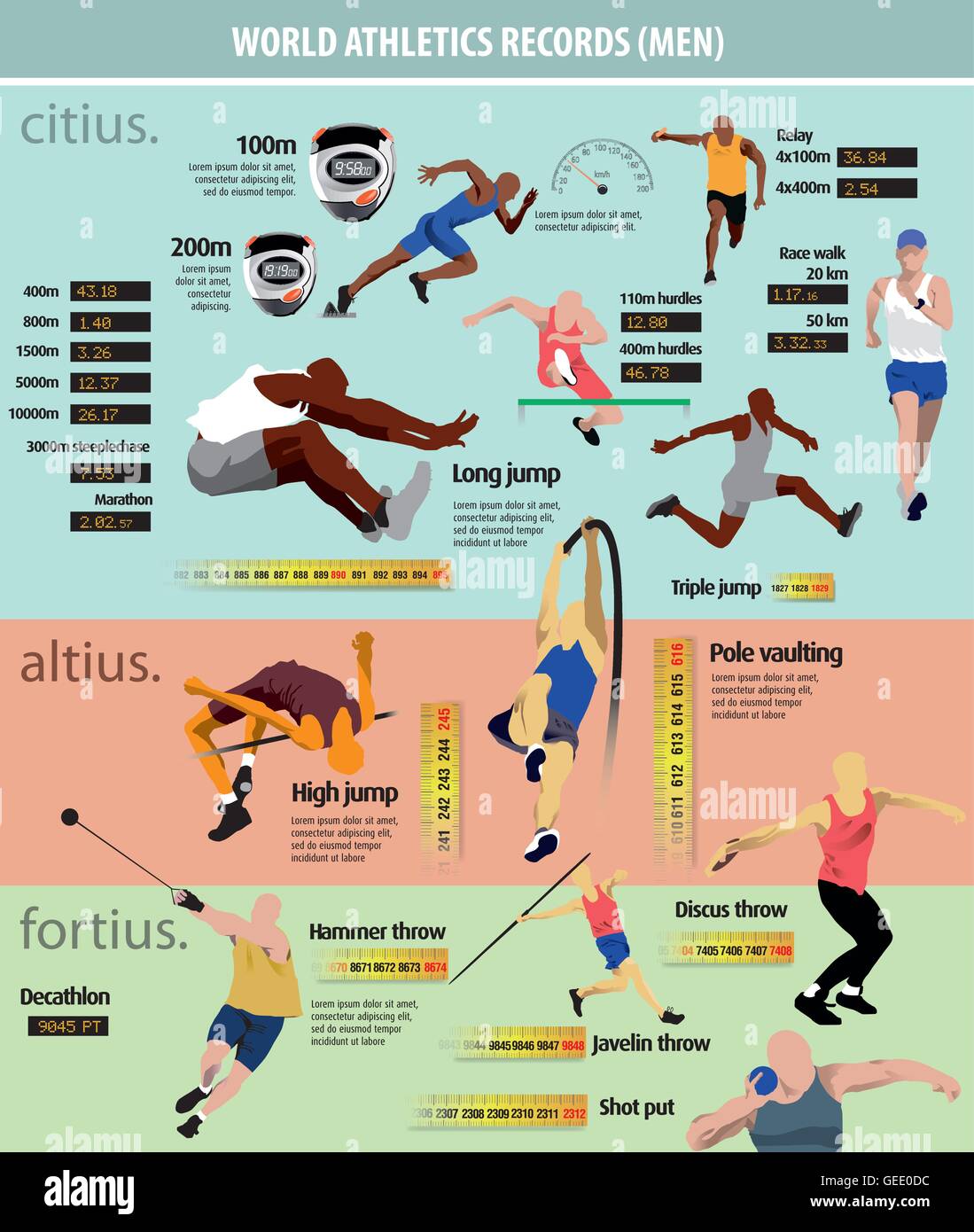 Infografico vettore con il record del mondo di atletica leggera maschile. Illustrazione Vettoriale