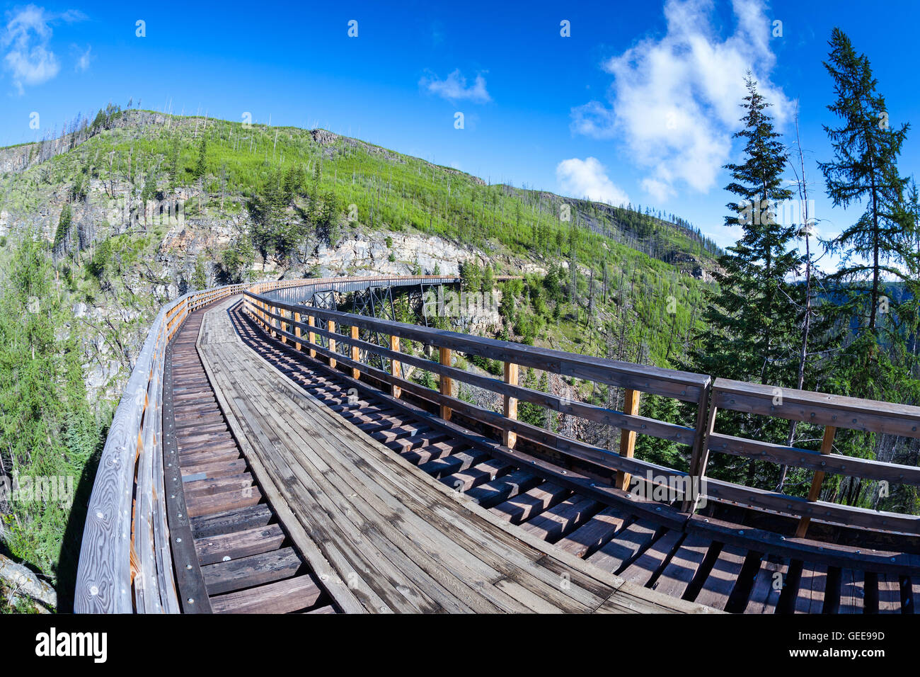 Originariamente uno dei 19 legno tralicci ferroviaria costruita nei primi anni del novecento in Myra Canyon, BC, il luogo è ora un parco pubblico con bi Foto Stock