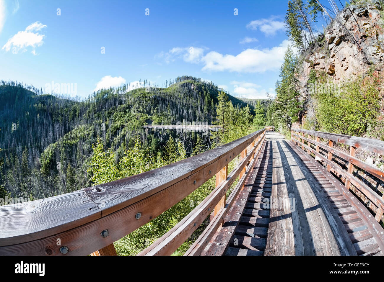 Originariamente uno dei 19 legno tralicci ferroviaria costruita nei primi anni del novecento in Myra Canyon, BC, il luogo è ora un parco pubblico con bi Foto Stock