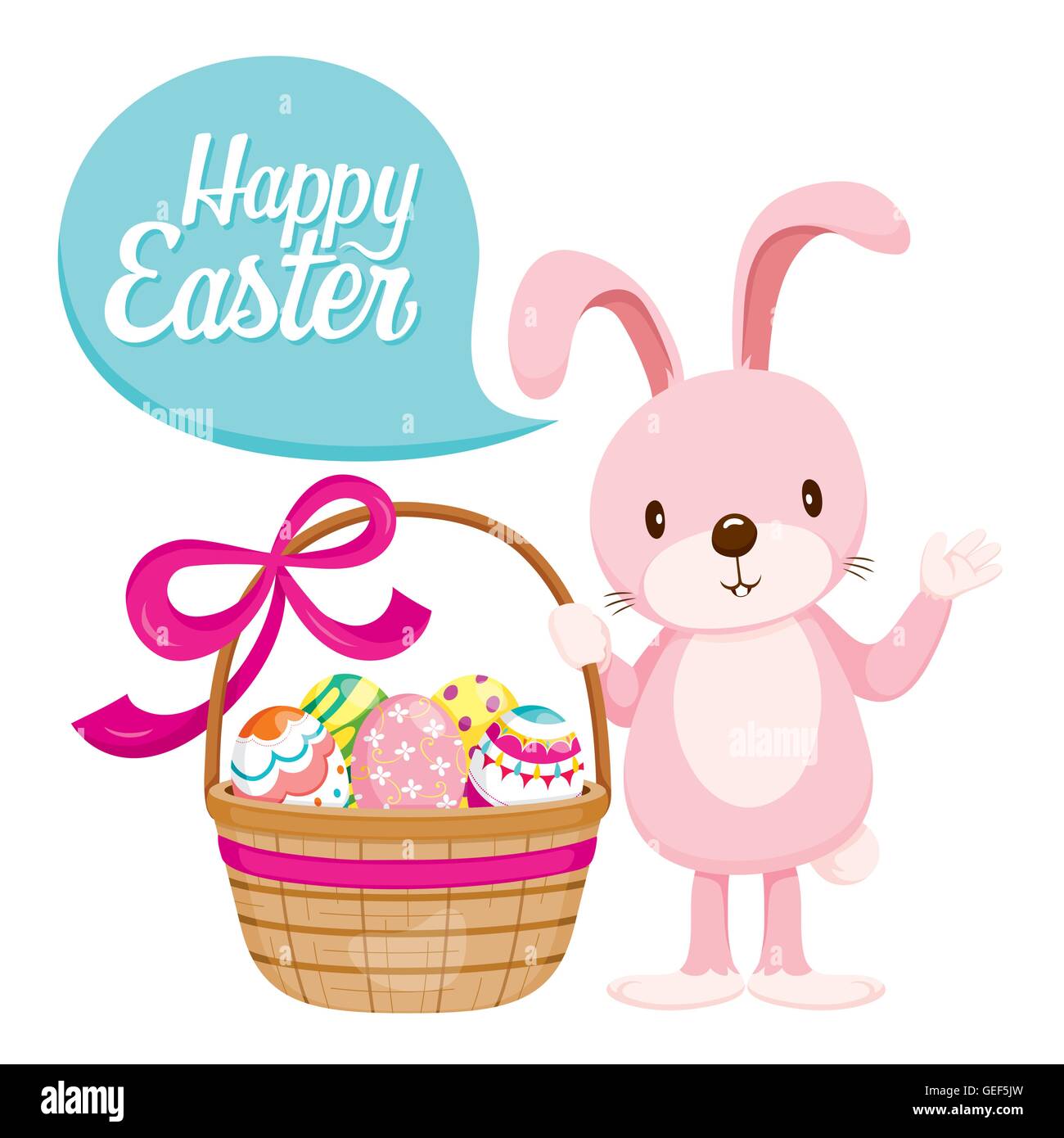 Il coniglio e le uova di Pasqua nel cesto regalo, stagione primaverile, animale, la natura, la decorazione, feste, celebrazioni Illustrazione Vettoriale