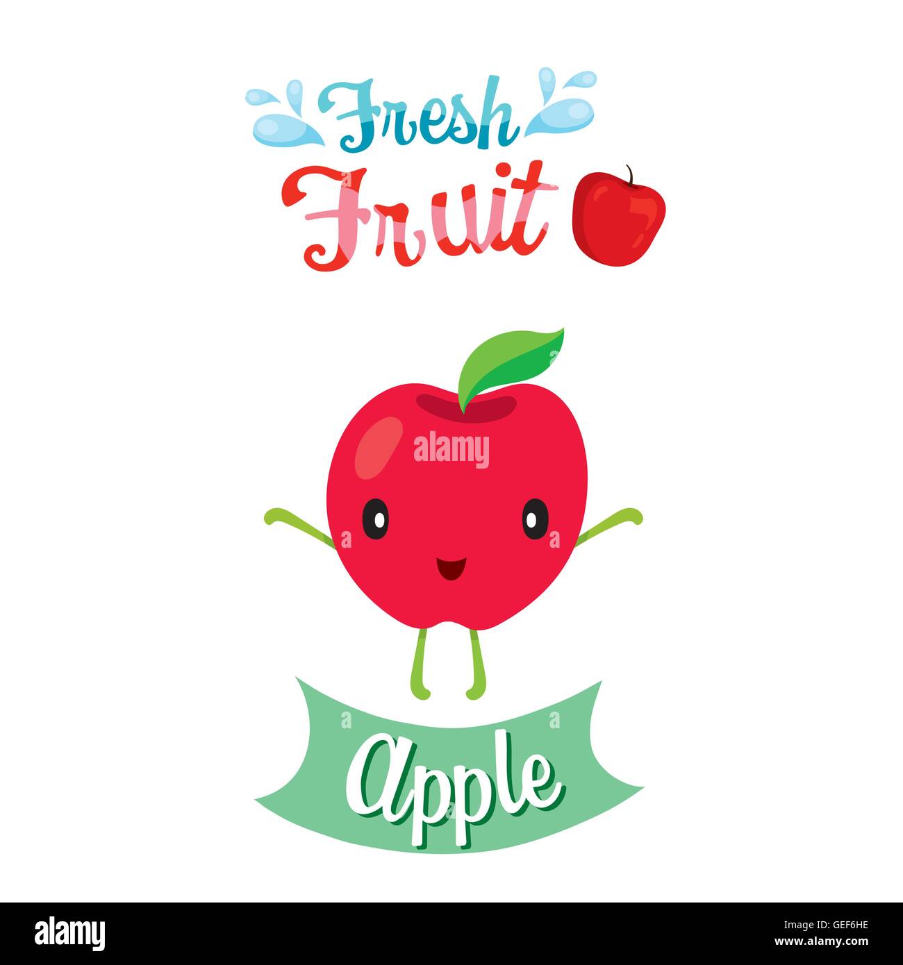 Cartoon carino di frutta Apple, banner, logo, frutti tropicali, caratteri Design, estate, Mangiare Sano, cibo, succhi di frutta Illustrazione Vettoriale