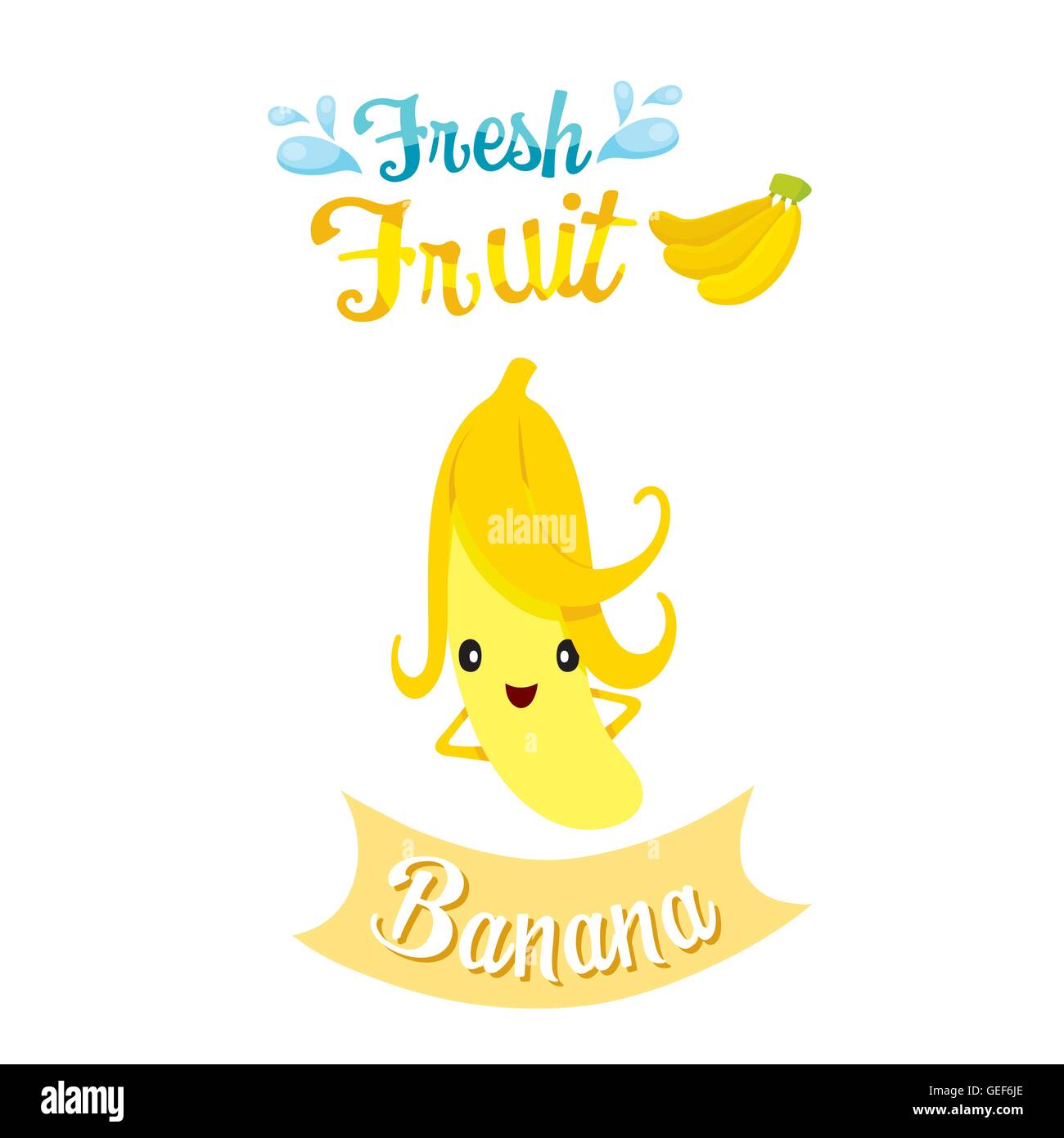 Cartoon carino di Banana frutta, banner, logo, frutti tropicali, caratteri Design, estate, Mangiare Sano, cibo, succhi di frutta Illustrazione Vettoriale