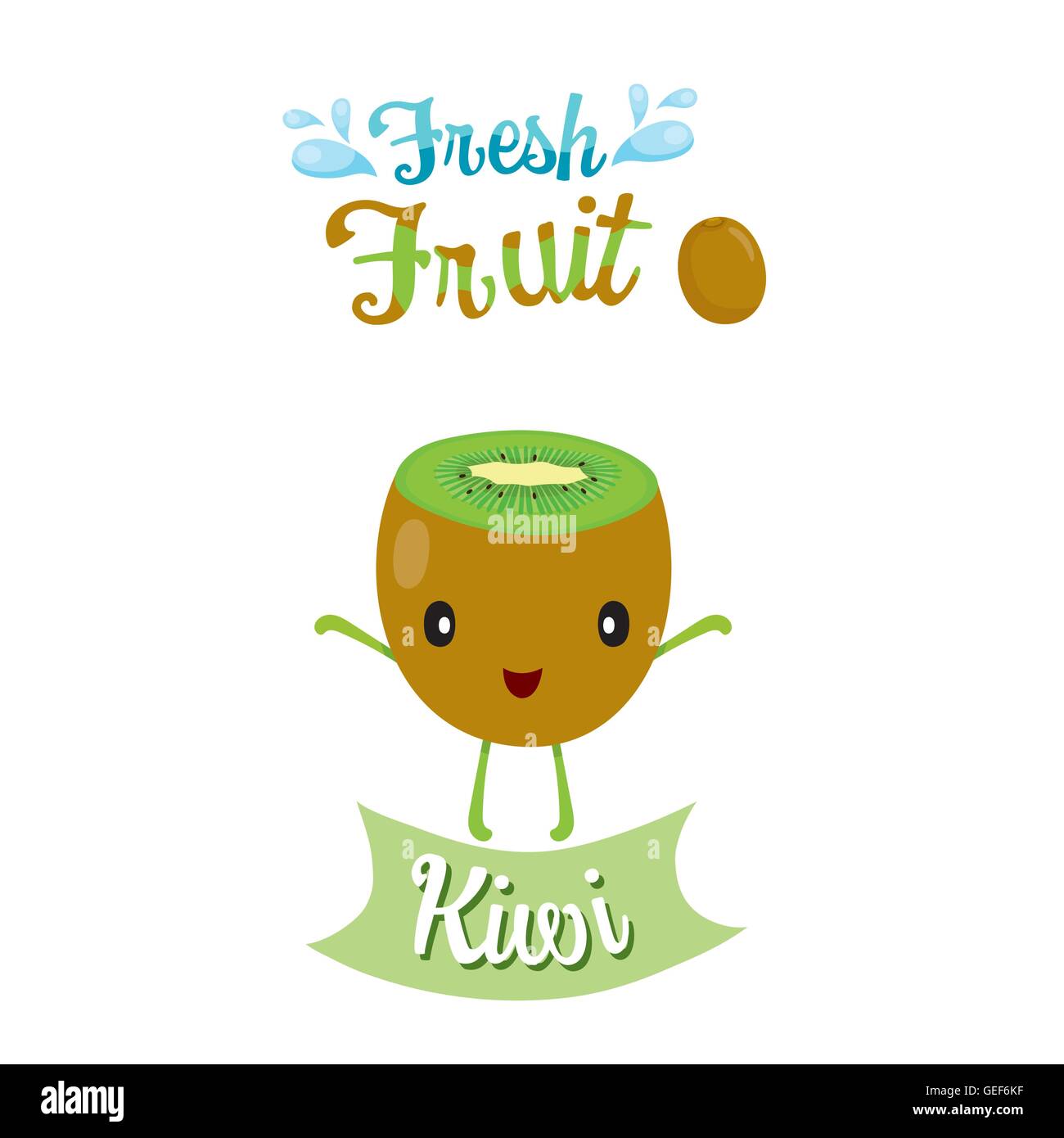 Cartoon carino di Kiwi, banner, logo, frutti tropicali, caratteri Design, estate, Mangiare Sano, cibo, succhi di frutta Illustrazione Vettoriale