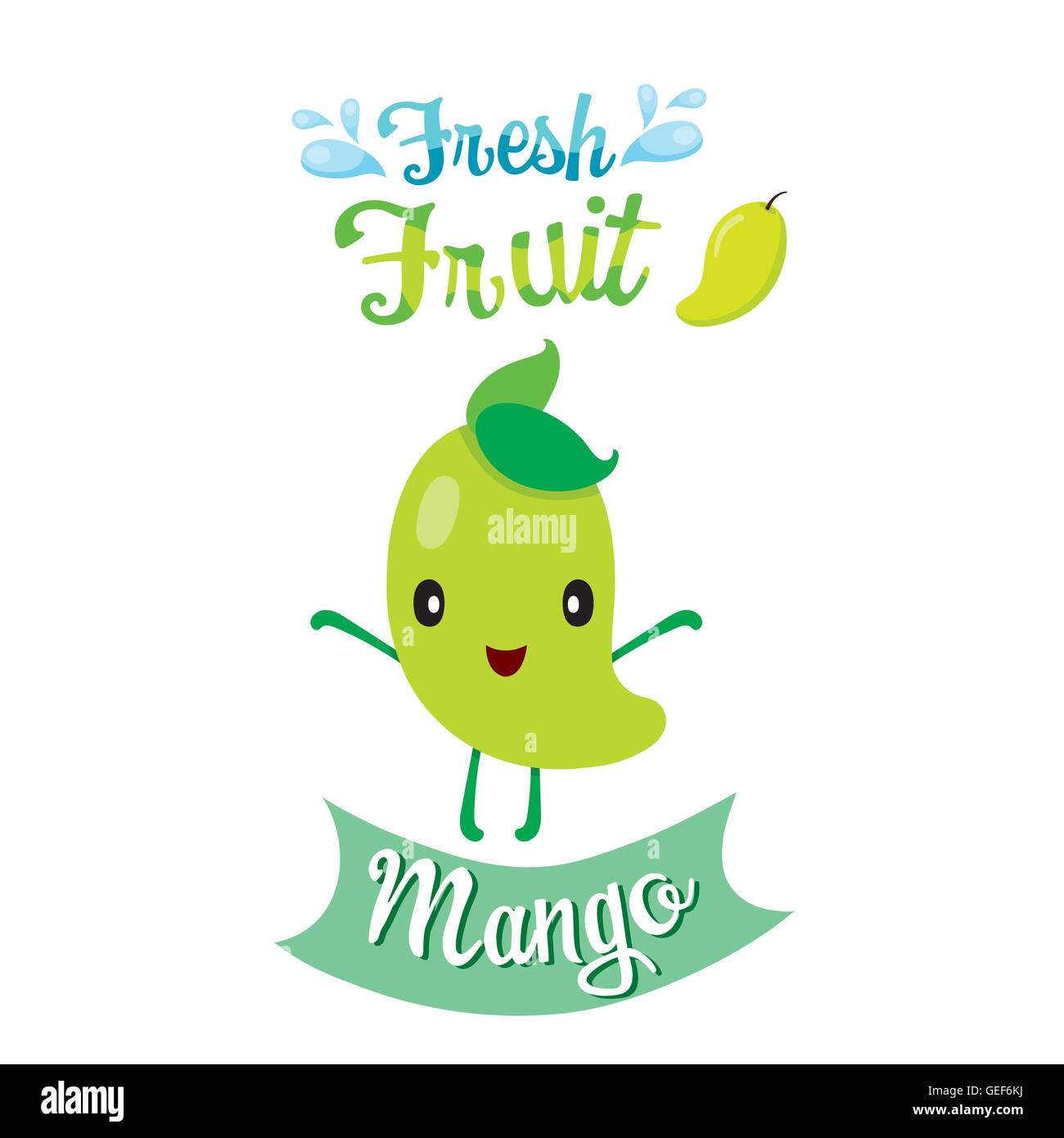 Cartoon carino di Mango Fruit, banner, logo, frutti tropicali, caratteri Design, estate, Mangiare Sano, cibo, succhi di frutta Illustrazione Vettoriale