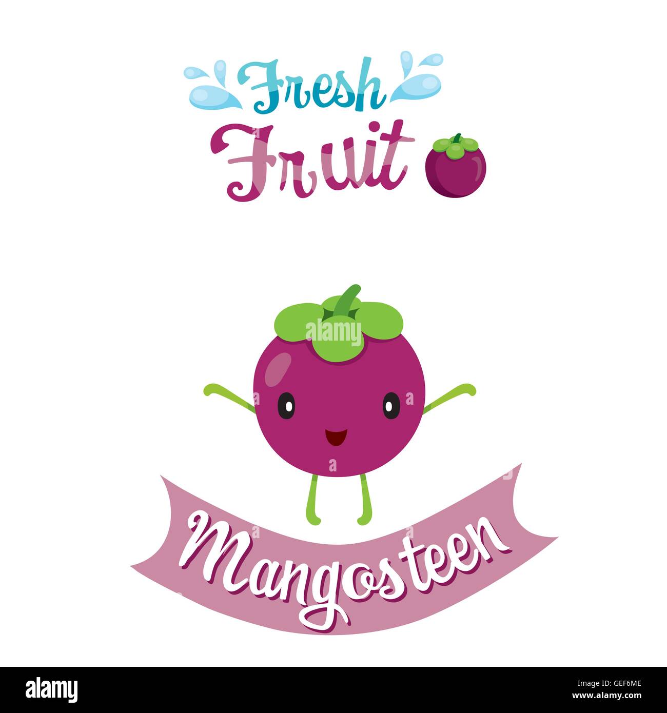 Cartoon carino di Mangosteen frutta, banner, logo, frutti tropicali, caratteri Design, estate, Mangiare Sano, cibo, succhi di frutta Illustrazione Vettoriale