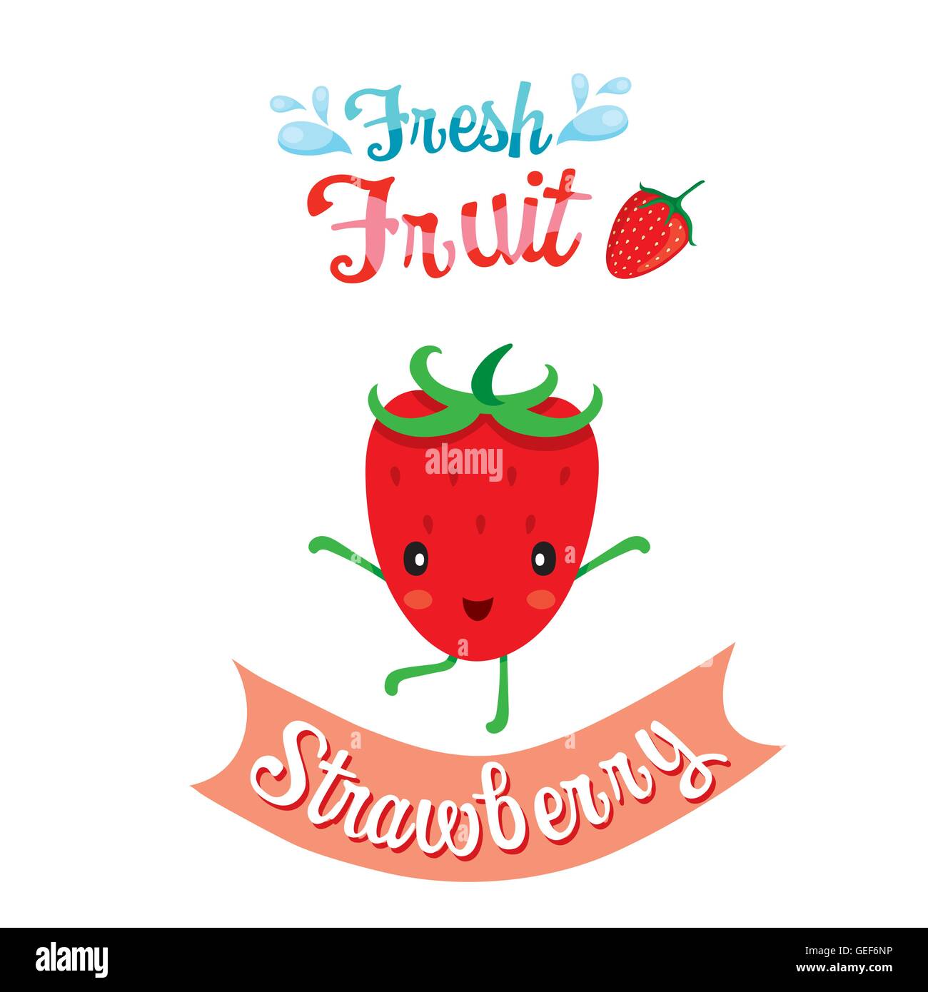 Cartoon carino di fragole, banner, logo, frutti tropicali, caratteri Design, estate, Mangiare Sano, cibo, succhi di frutta Illustrazione Vettoriale