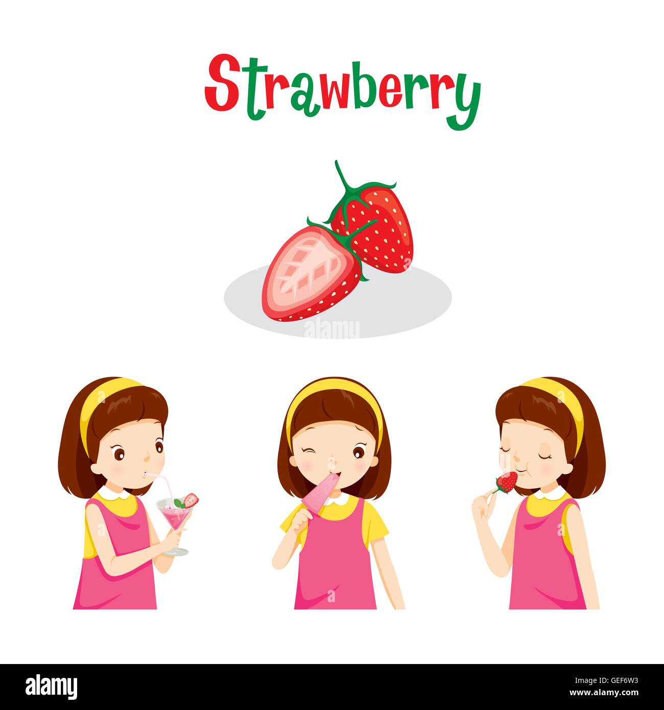 Ragazza con frutta di fragole, succo di frutta e gelato e lettere, frutti tropicali, estate, Mangiare Sano, cibo Illustrazione Vettoriale