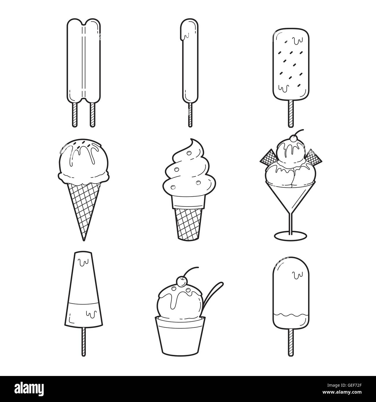 Gelato di oggetti di contorno set di icone, estate, alimenti congelati, mangiare, ghiacciato Illustrazione Vettoriale