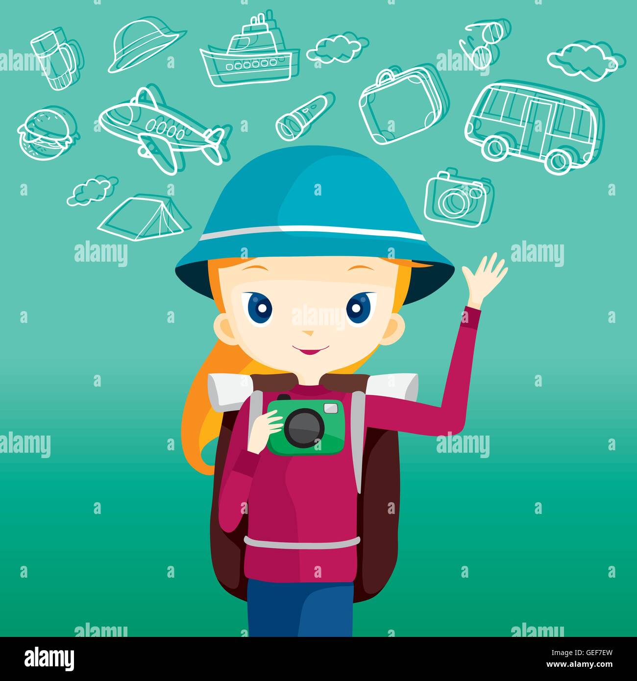 Backpacker ragazza con fotocamera, viaggio viaggi avventura, trasporto Illustrazione Vettoriale
