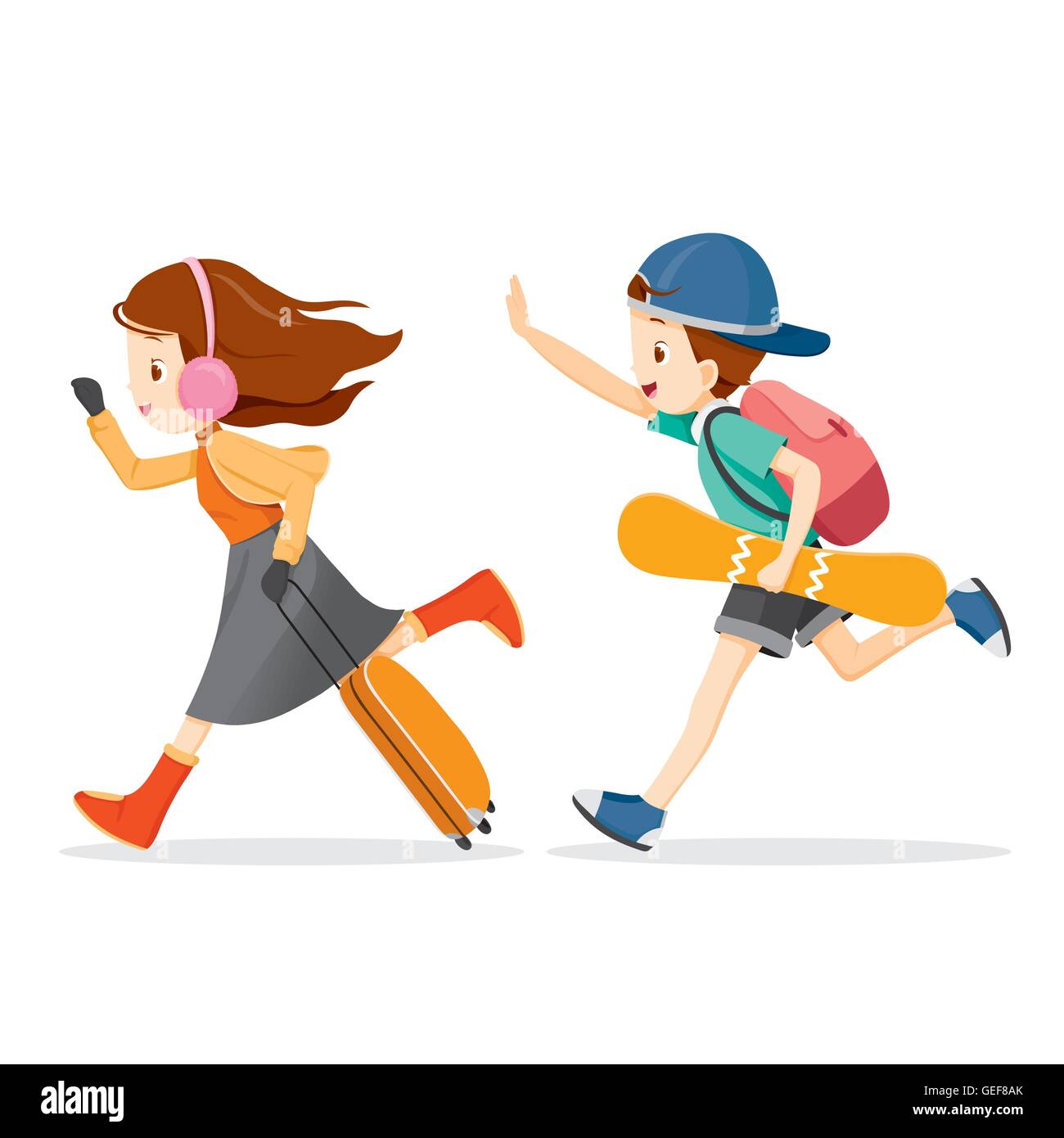 Un ragazzo e una ragazza in esecuzione per viaggiare, attività, viaggi, inverno, stagione, vacanze Illustrazione Vettoriale