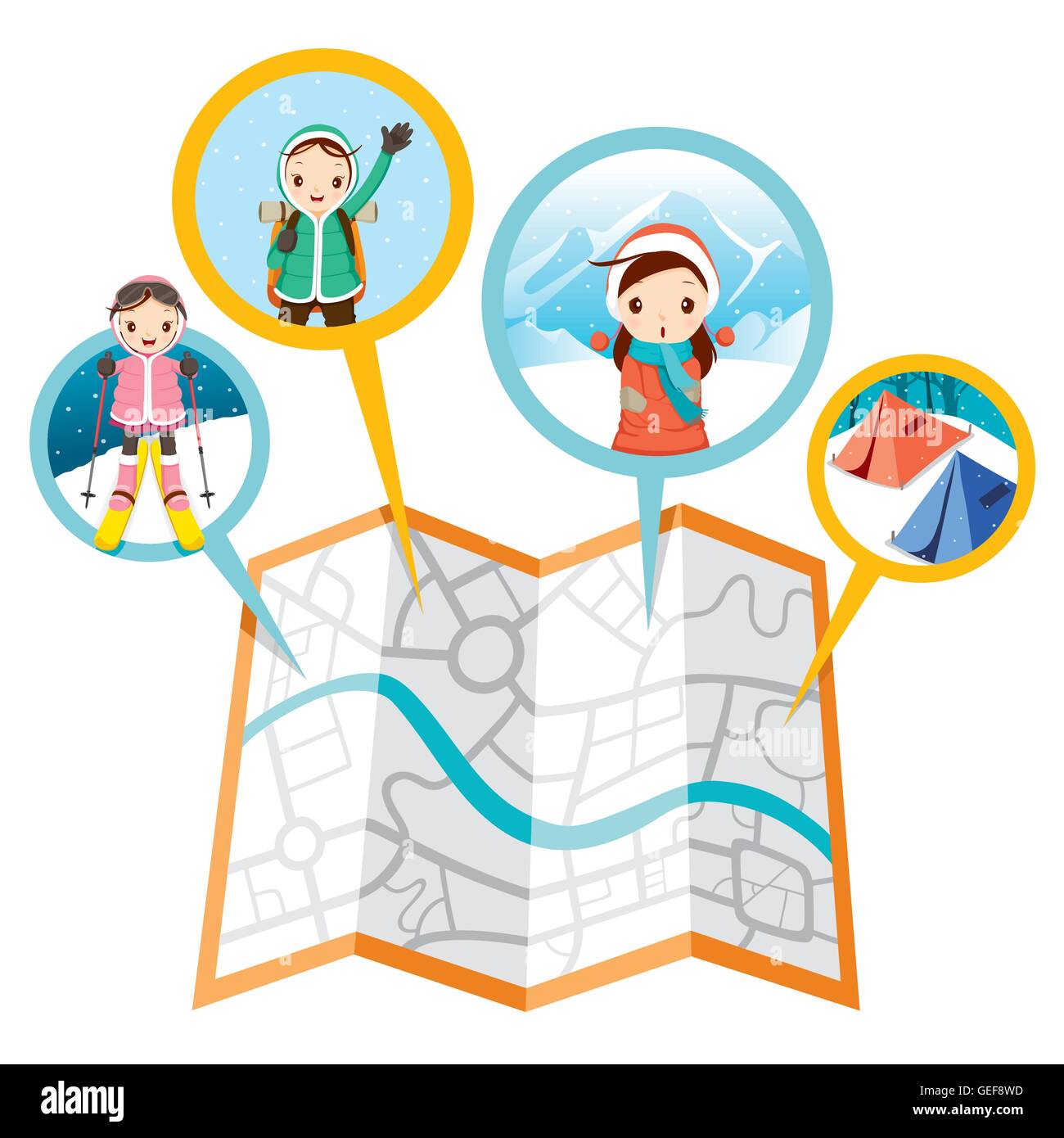 Ragazza con attività in inverno e la mappa di viaggio, stagione, ferie, vacanze, natura, oggetto Illustrazione Vettoriale