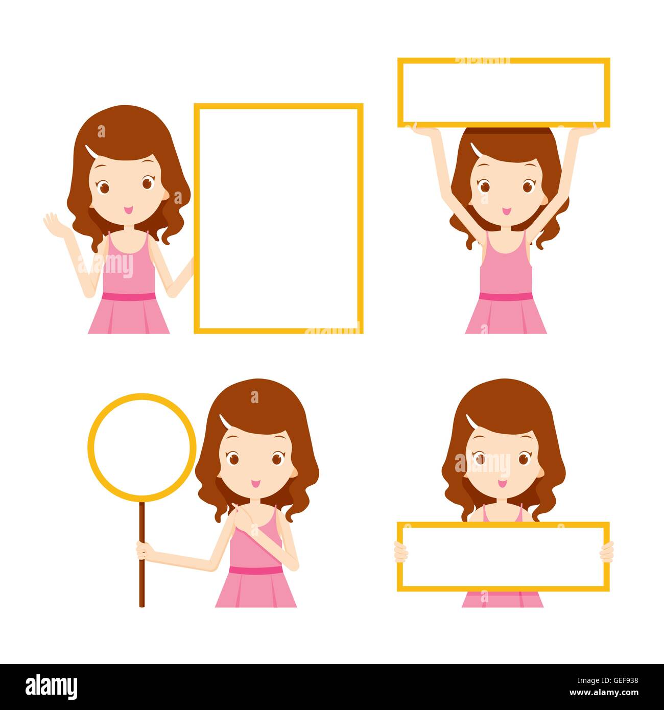 Ragazza in abito rosa che mostra segni di vuoto impostato, bellezza, moda donna lifestyle, concept Illustrazione Vettoriale