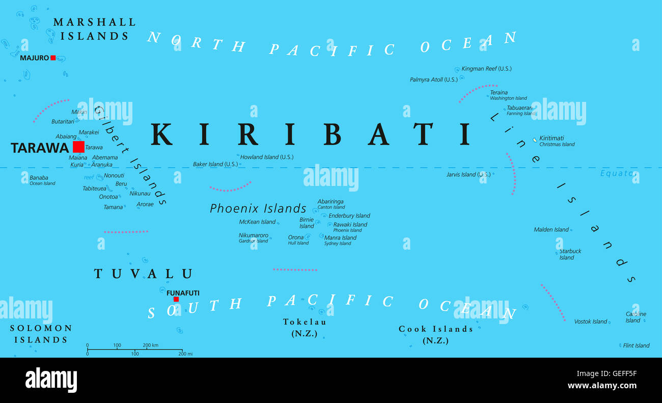 Kiribati mappa politico con capitale Tarawa. Repubblica e nazione insulare in Oceano Pacifico centrale. Foto Stock