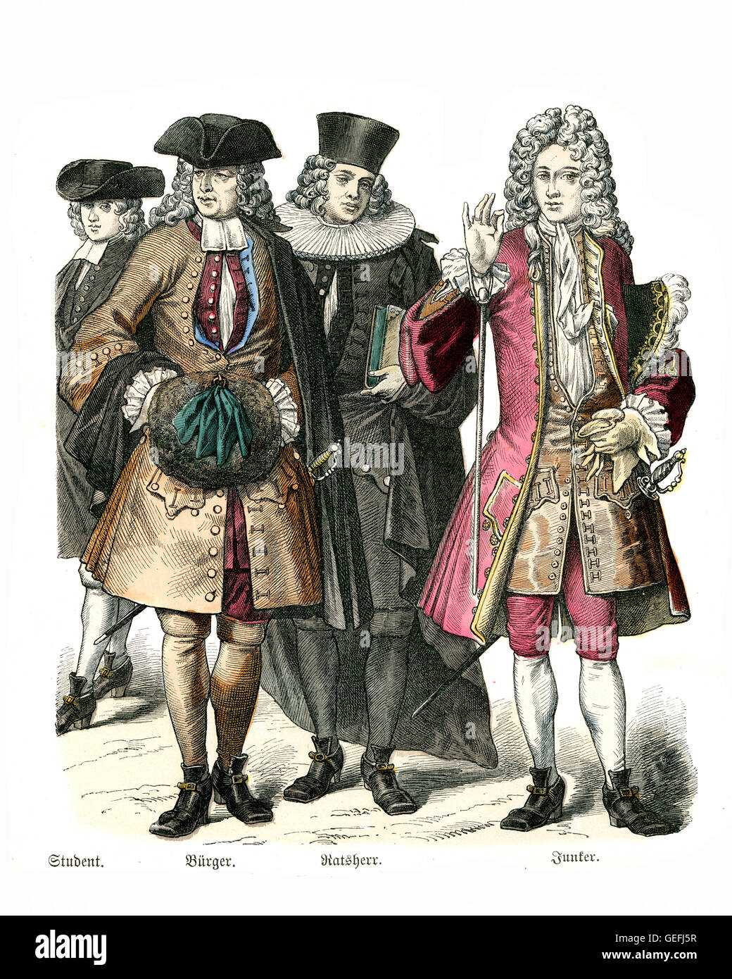 Uomini di mode all inizio del XVIII secolo in Svizzera. Studente, cittadino, il senatore e signore Foto Stock