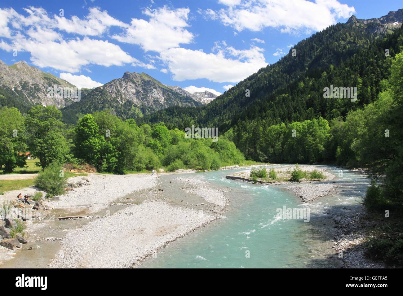 Ostrach fiume nella valle Hinterstein, Allgaeu Foto Stock