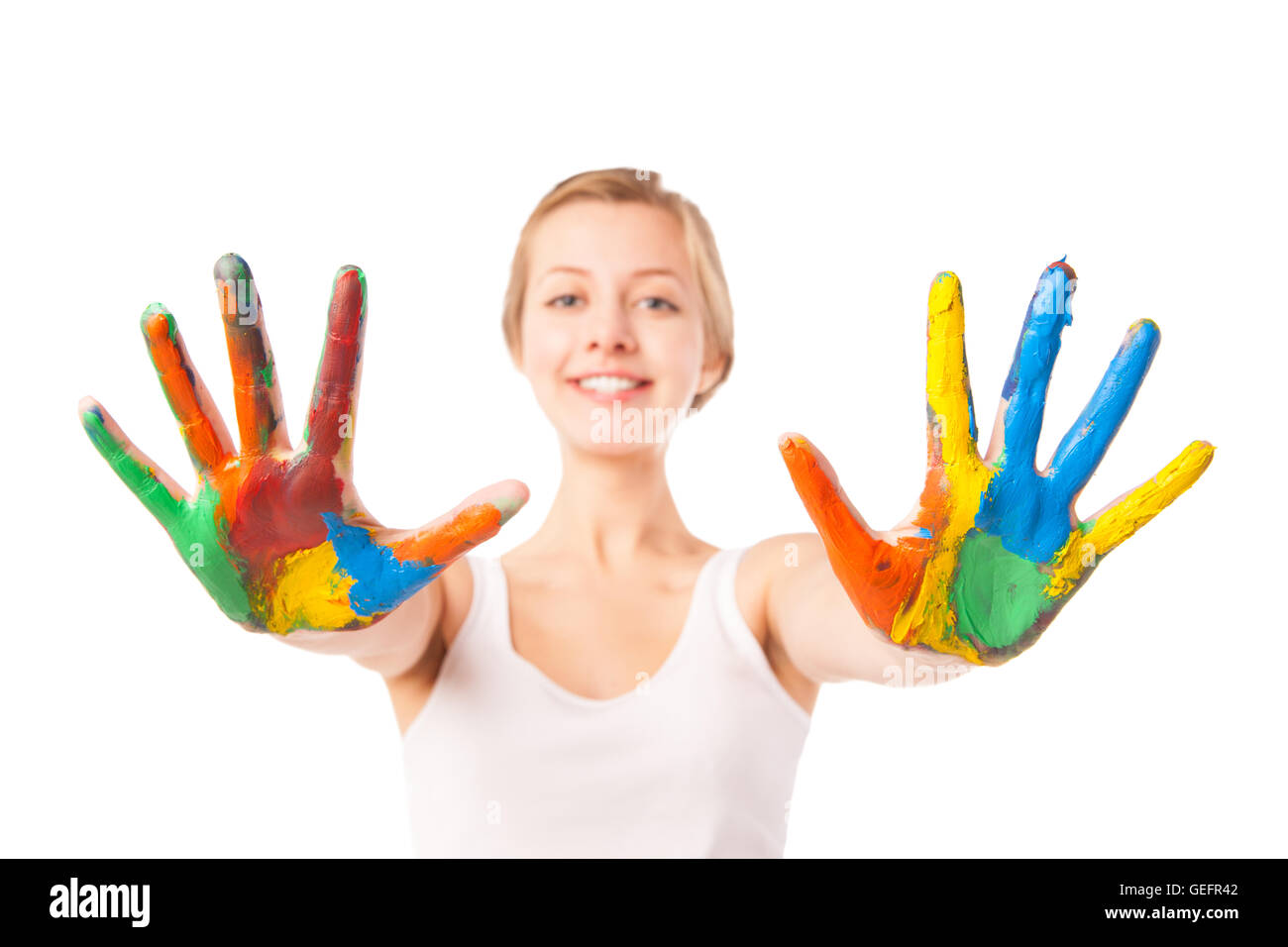 La donna si affaccia palme dipinte in vernice colorata Foto Stock