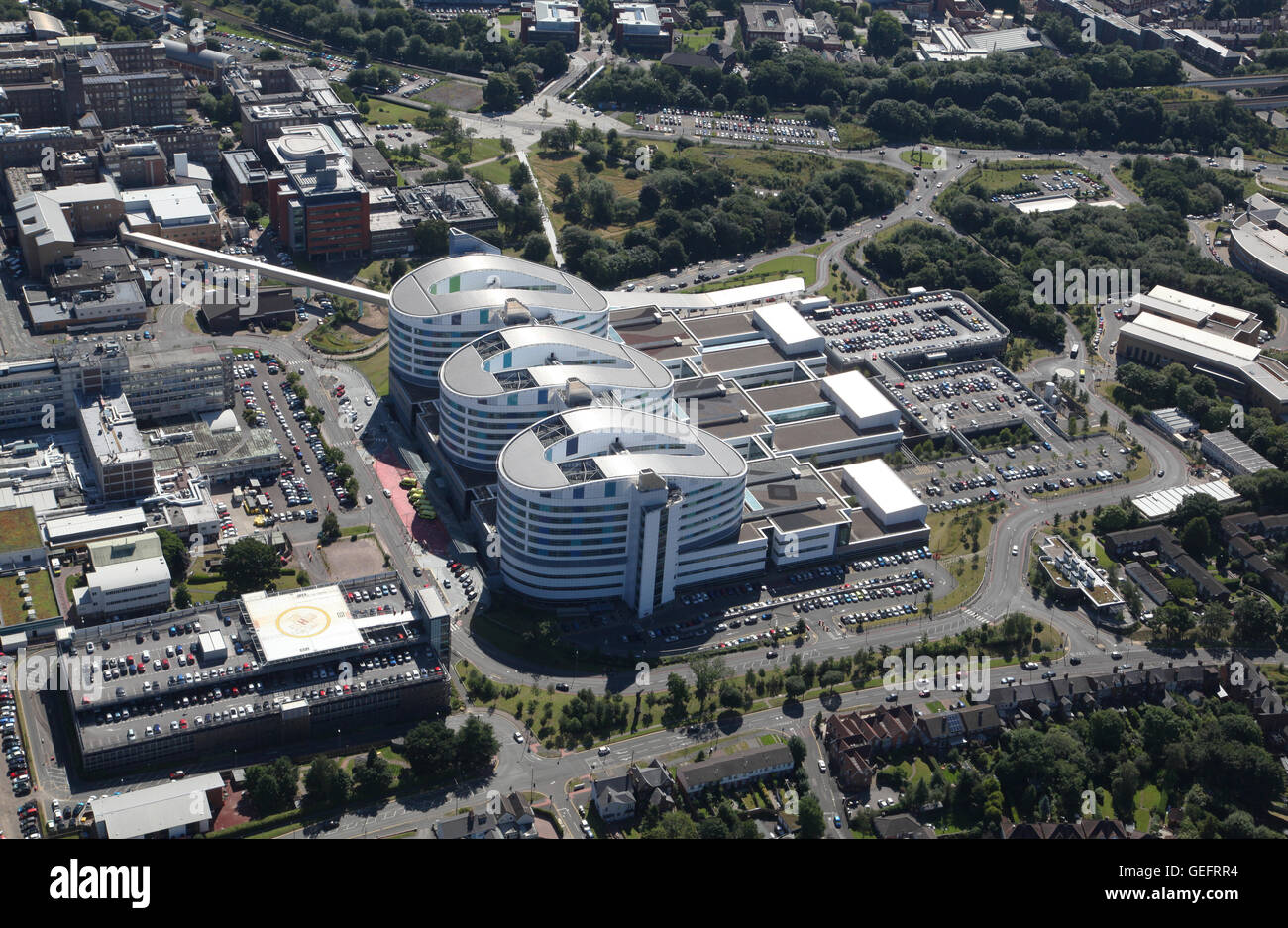 Vista aerea del Queen Elizabeth Hospital di Birmingham, Regno Unito Foto Stock