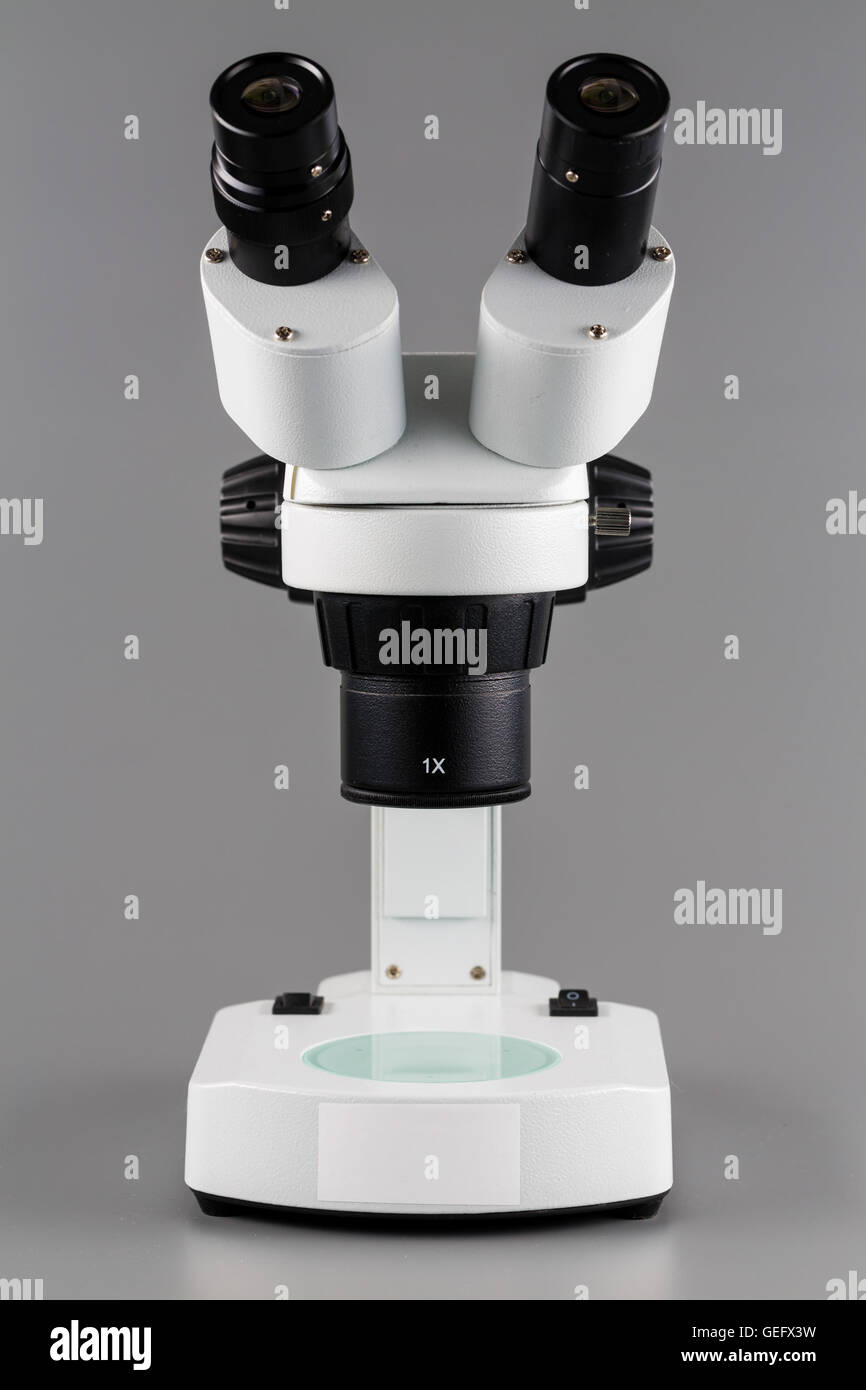 Incident binoculare microscopio ricerca su sfondo grigio Foto Stock