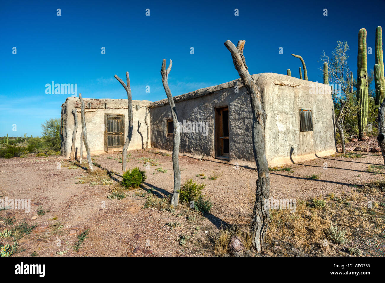 Dos Lomitas Ranch, adobe building, Deserto Sonoran, organo a canne Cactus monumento nazionale, Arizona, Stati Uniti d'America Foto Stock