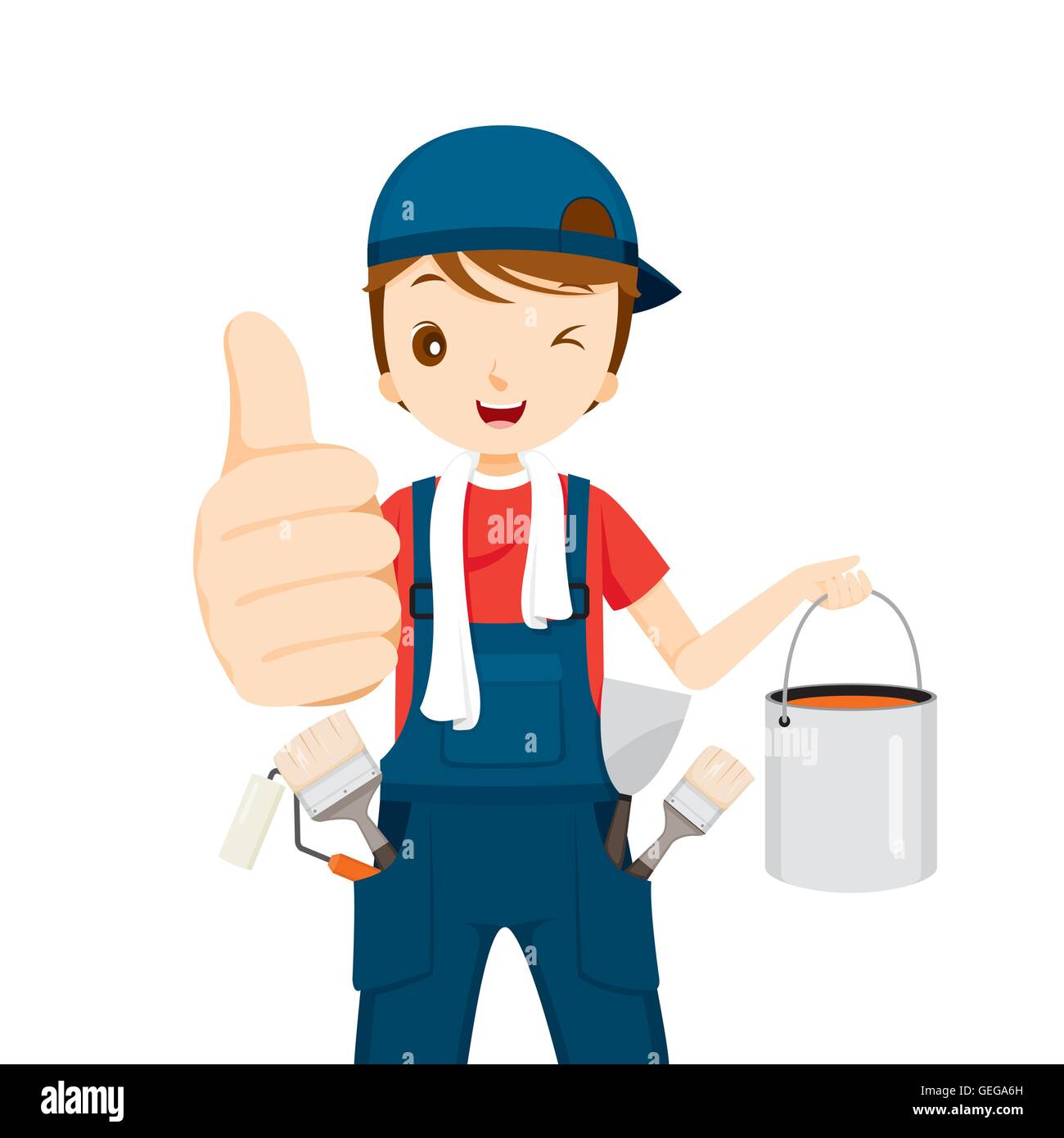 Pittore Thumbs-Up Con benna a colori e strumenti, persone di occupazioni, professione Lavoratore, Lavoro, dazio Illustrazione Vettoriale