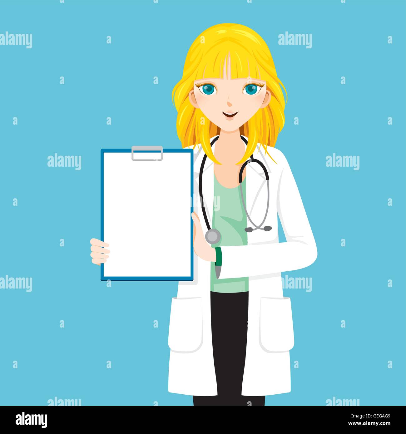 Medico di donna con capelli biondi mostra vuoto negli Appunti, medico, ospedale, Checkup, paziente sano, trattamento, Personale Illustrazione Vettoriale