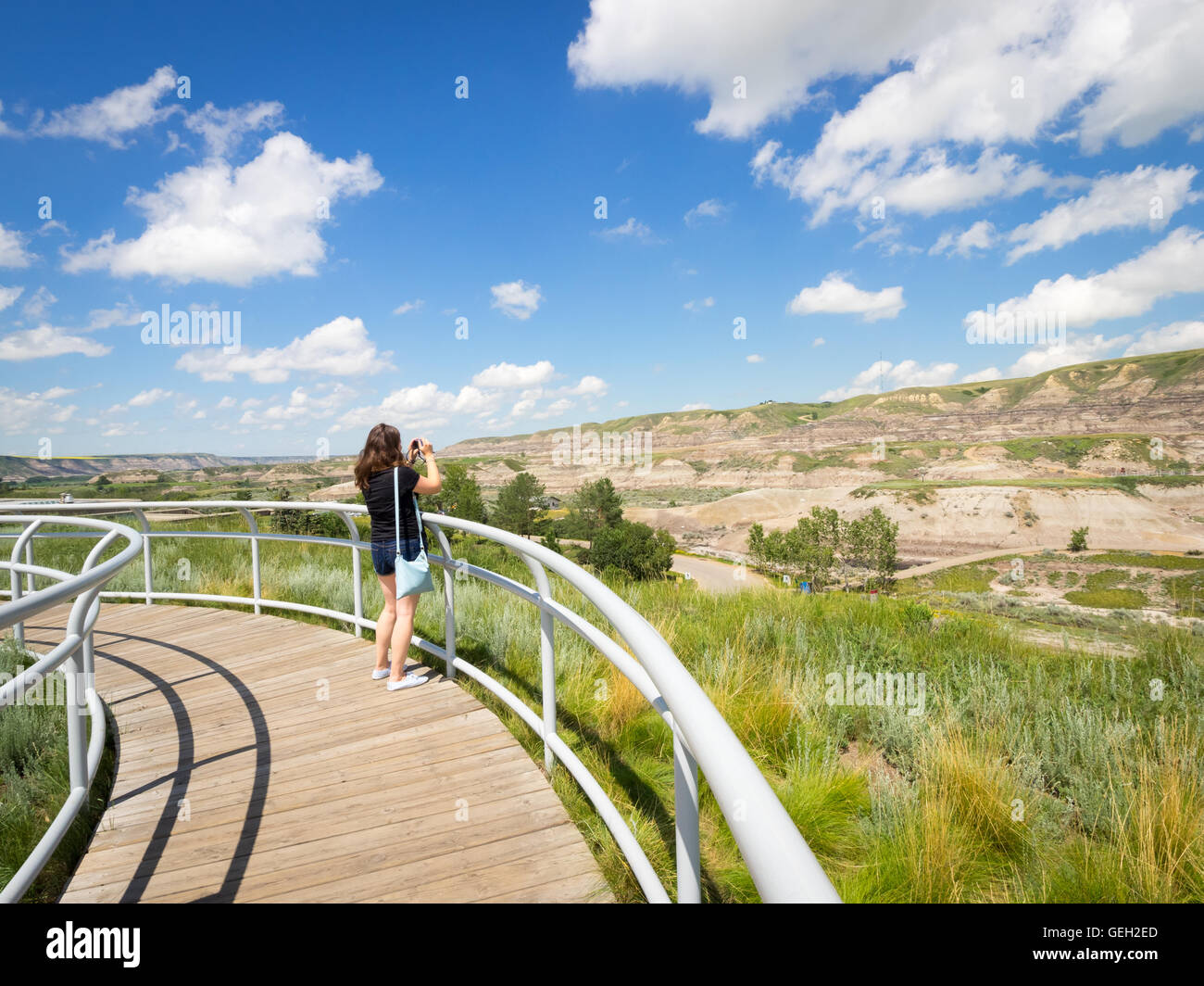 Una vista del paesaggio badlands in Midland Parco Provinciale e Red Deer River Valley in Drumheller, Alberta, Canada. Foto Stock