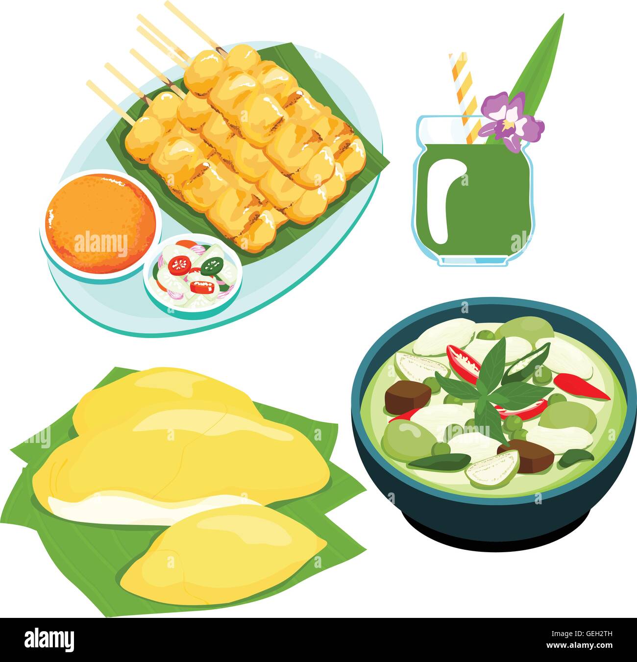Popolari curry verde tailandese cibo imposta illustrazione vettoriale Illustrazione Vettoriale