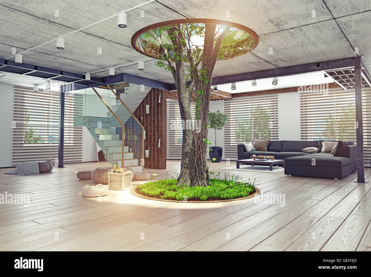 Eco design di interni moderni. Vita reale tree indoor. 3d concept Foto Stock