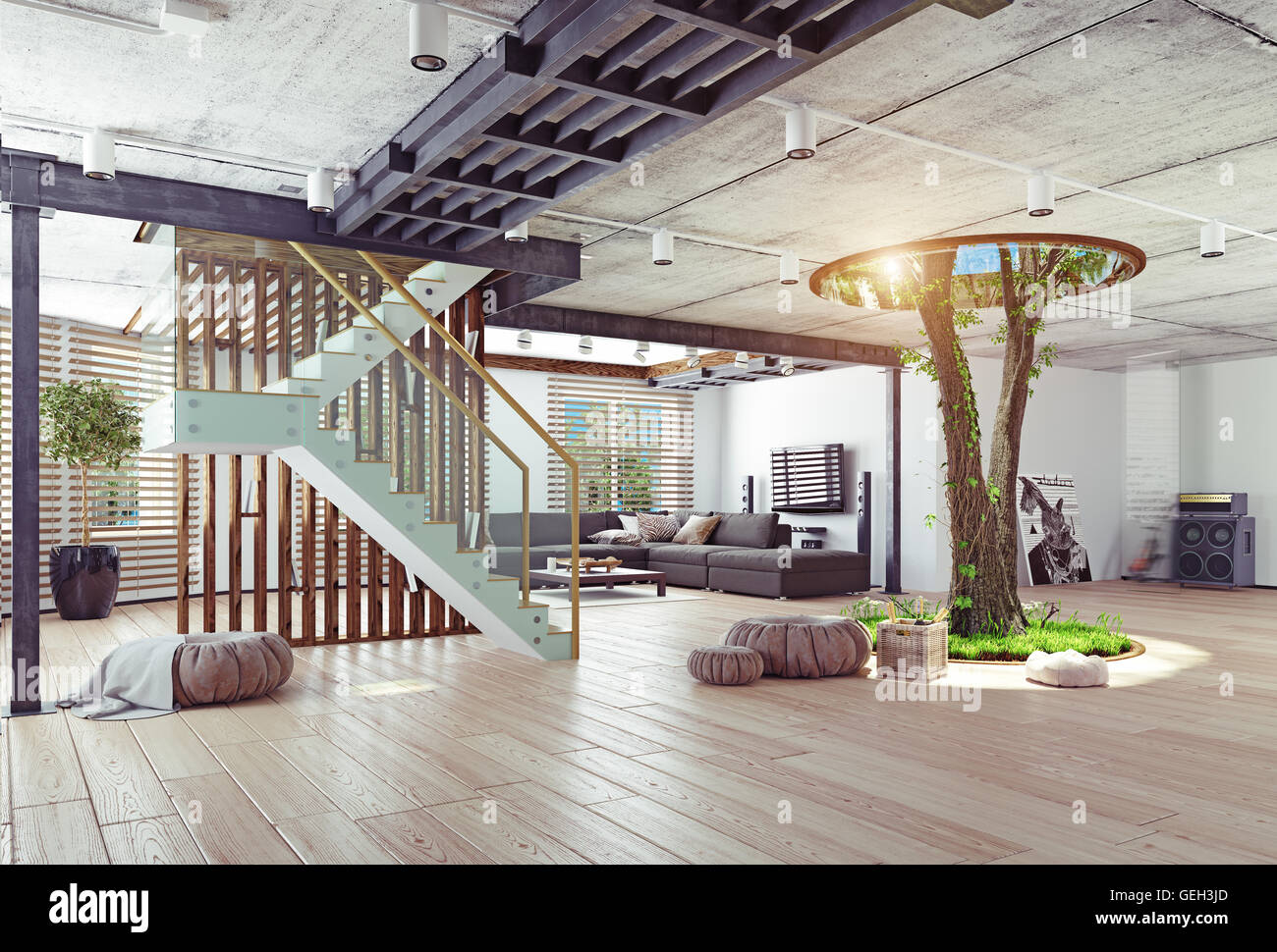 Eco design di interni moderni. Vita reale tree indoor. 3d concept Foto Stock