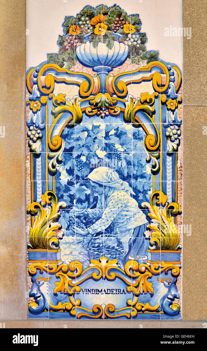 Il Portogallo, Valle del Douro: Storico Piastrella immagine (azulejos) della stazione ferroviaria di Pinhao Foto Stock