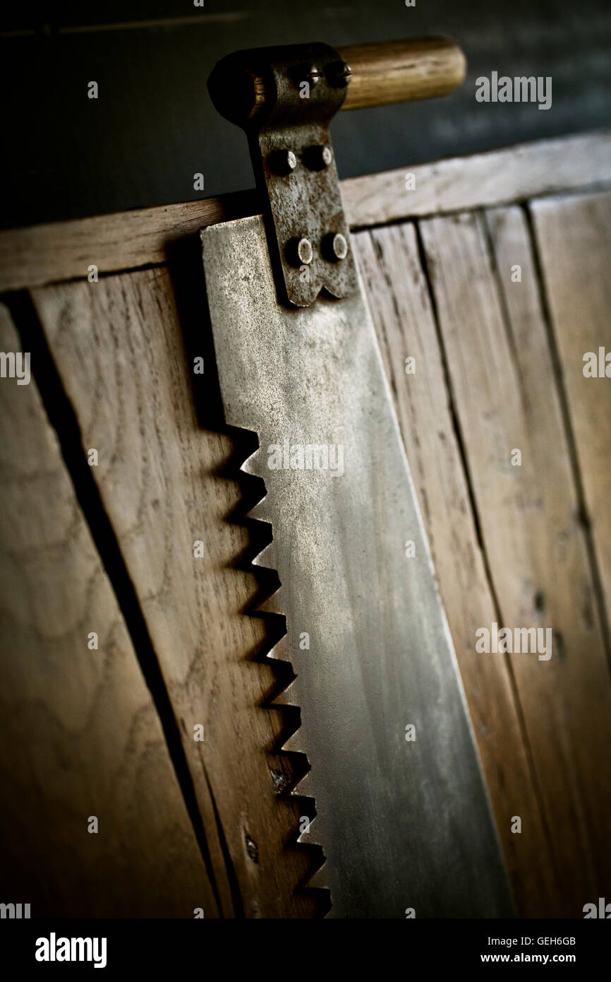 Un handsaw utensili, con una maniglia e tagliente bordo seghettato. Foto Stock