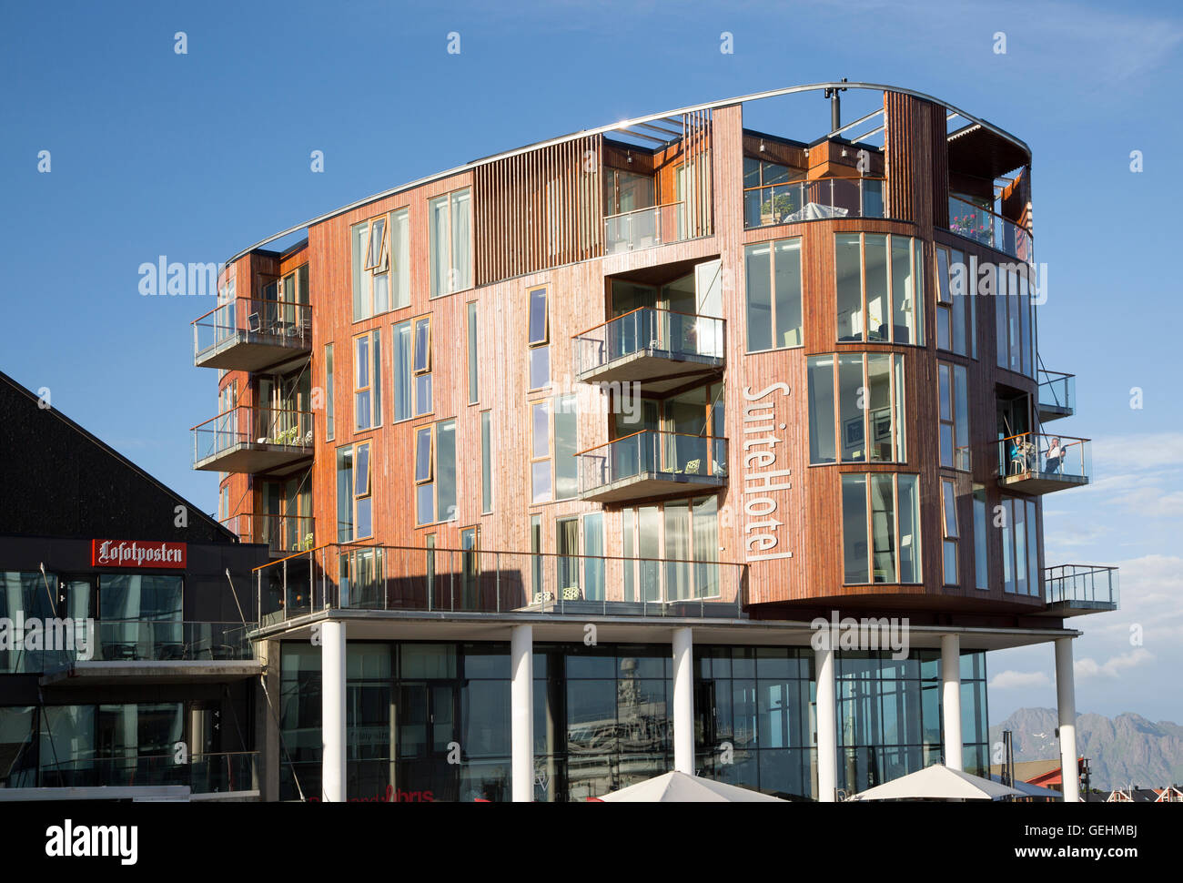 Suite Hotel edificio, Svolvaer, Isole Lofoten, Nordland, Norvegia Foto Stock