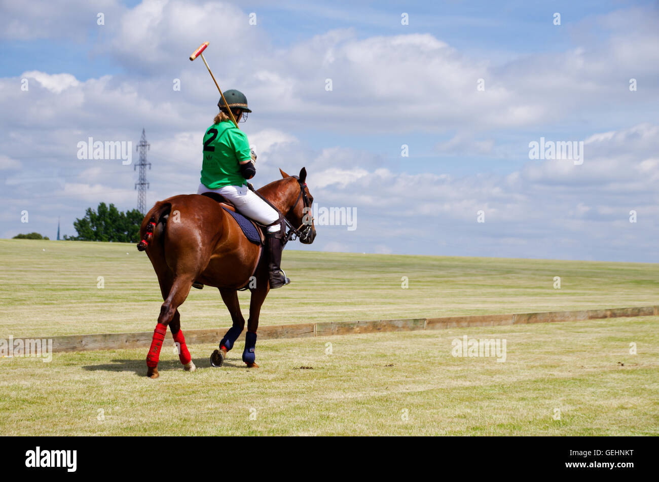 Femmina di giocatore di polo in apparecchiatura completa di equitazione in sullo sfondo di un cielo blu e lasciare vuoto il campo di erba Foto Stock