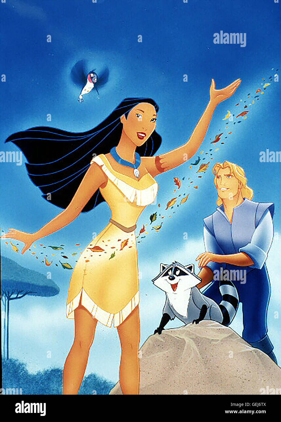 Die stolze Pocahontas mit capitano John Smith und Waschbaer Meeko.Caption locale *** 1995, Pocahontas, Pocahontas Foto Stock