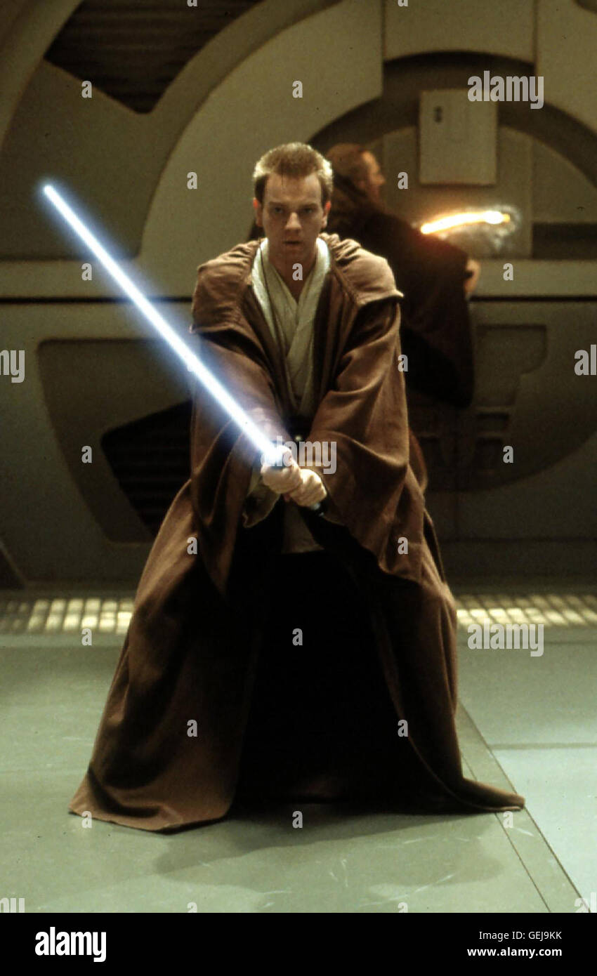 Ewan McGregor Kenobi (Ewan McGregor) im Kampf gegen das Boese. *** Caption locale *** 1999, Star Wars: Episodio I La minaccia fantasma, Star Wars: Episodio 1- Die Dunkle Bedrohung Foto Stock