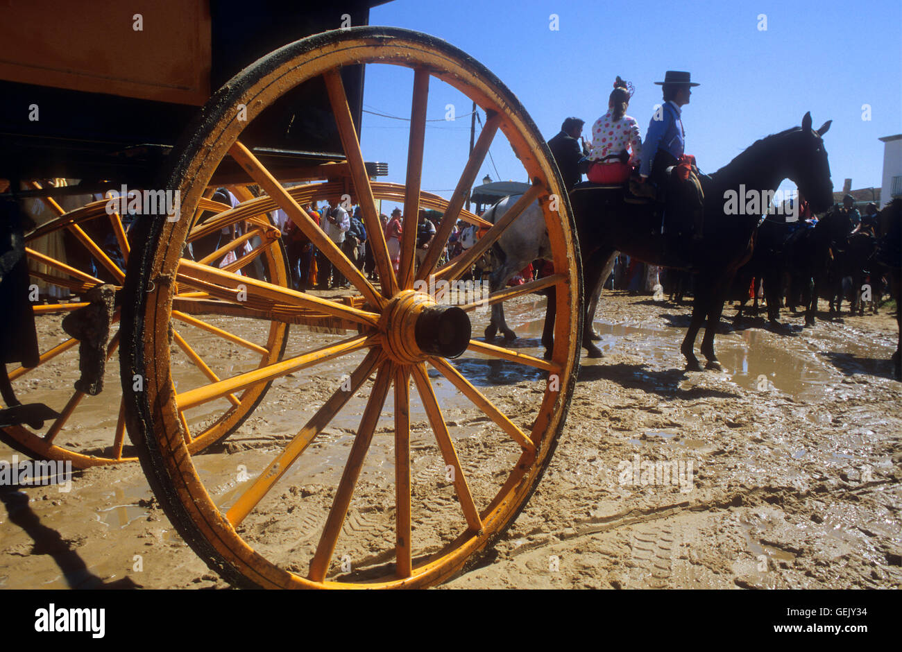 El Rocío Romería pellegrinaggio ,"Romeros"pellegrini a El Rocio, Almonte, Huelva, Andalusia, Foto Stock