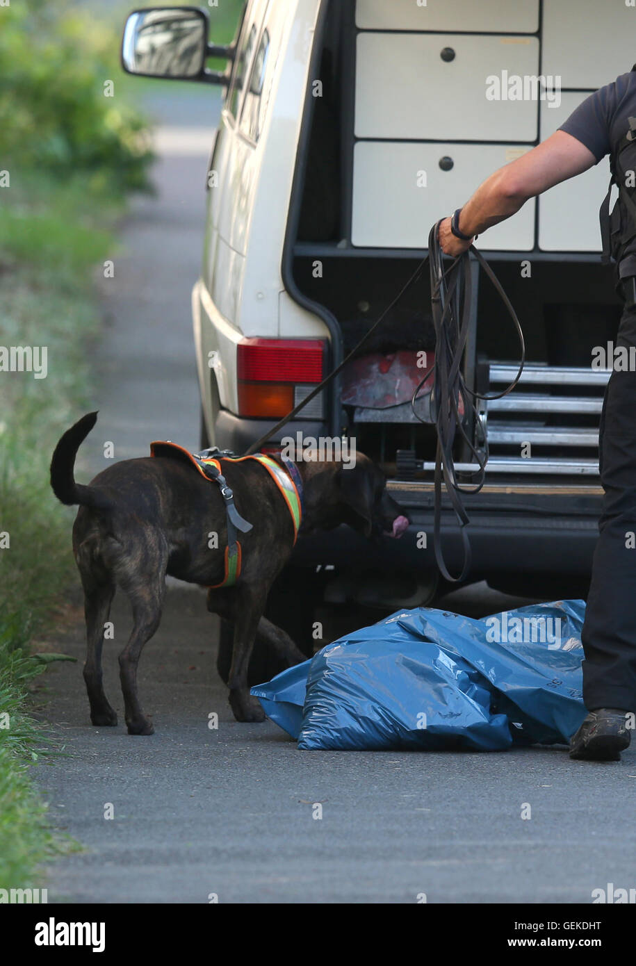 Zirndorf, Germania. 27 Luglio, 2016. Un sleuth cane e un ufficiale di polizia di esaminare un bruciata valigia in una blu il sacchetto in plastica presso l'accoglienza preliminare centro per rifugiati di Zirndorf, Germania, 27 luglio 2016. Una valigia di masterizzazione ha portato ad una operazione di polizia vicino al centro di accoglienza. Nessuno è stato ferito nessuno né è stato proprietà danneggiata durante l'incidente del 27 luglio 2016, un portavoce del ministero degli Interni ha raccontato. Foto: DANIEL KARMANN/dpa/Alamy Live News Foto Stock
