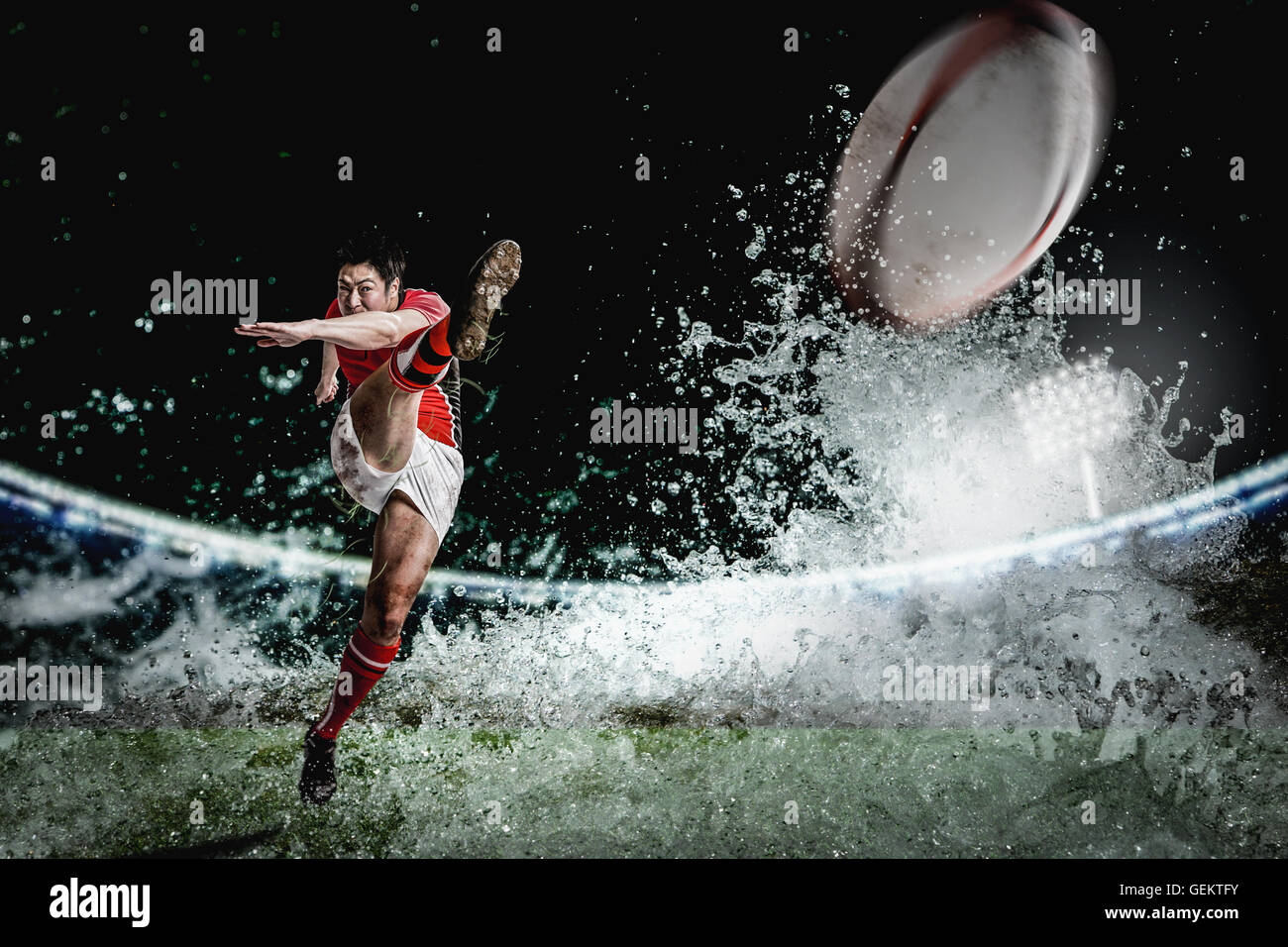 Ritratto di rugby giapponese giocatore calci Foto Stock