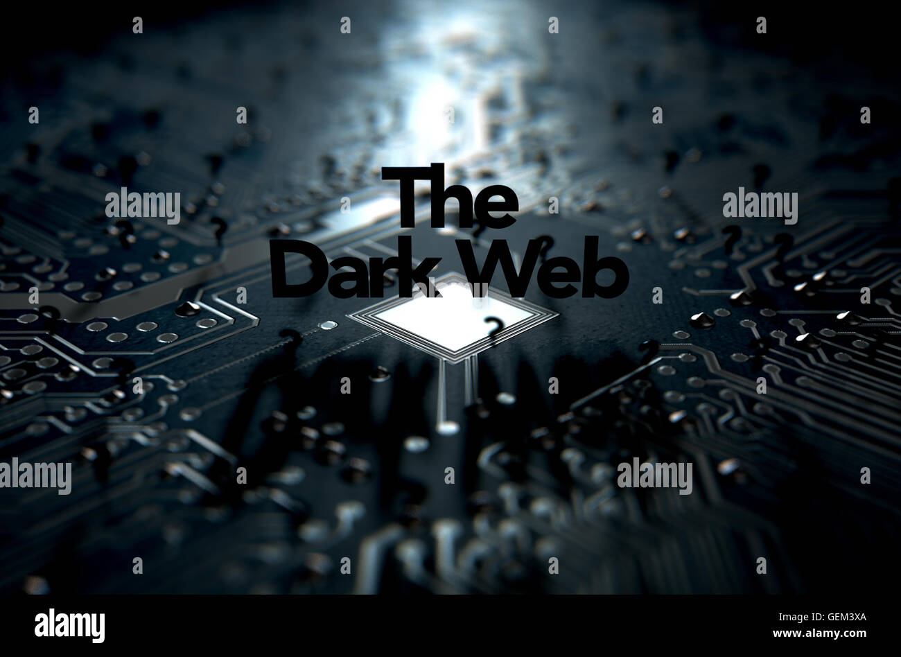 Un 3D render di una vista macro concetto di una fioca scheda a circuito stampato con la parola web scuro e nero sparsi interrogativi su un Foto Stock