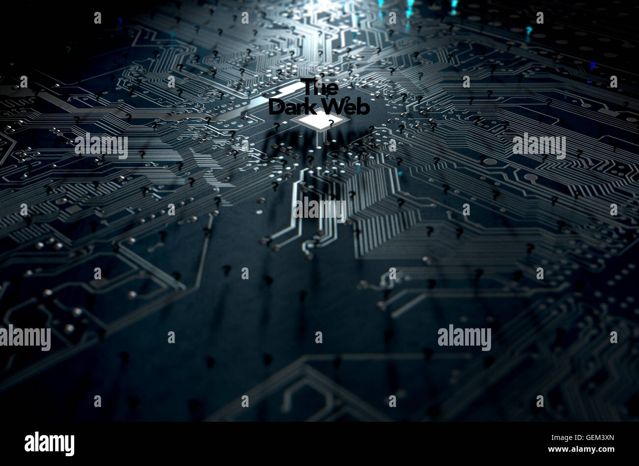 Un 3D render di una vista macro concetto di una fioca scheda a circuito stampato con la parola web scuro e nero sparsi interrogativi su un Foto Stock