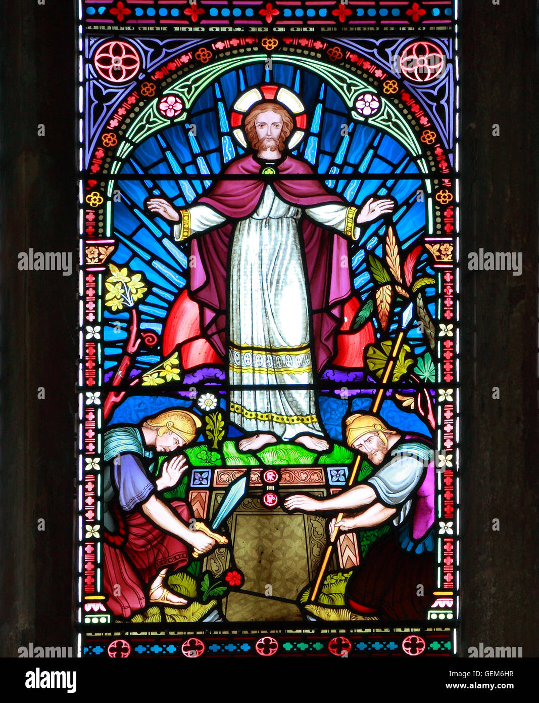La risurrezione di Gesù è risorto, guardie romane sono paura, Old Hunstanton, dettaglio della finestra di vetro colorato da Federico Preedy Foto Stock