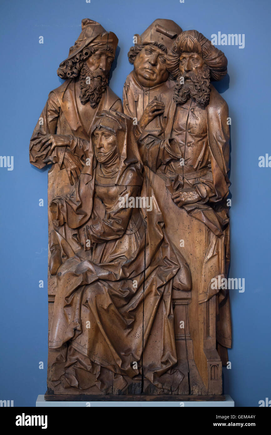 Saint Anne e i suoi tre mariti. Statua in legno da 1505-1510 da scultore tedesco Tilman Riemenschneider visualizzato nel Bode Museum di Berlino, Germania. Foto Stock