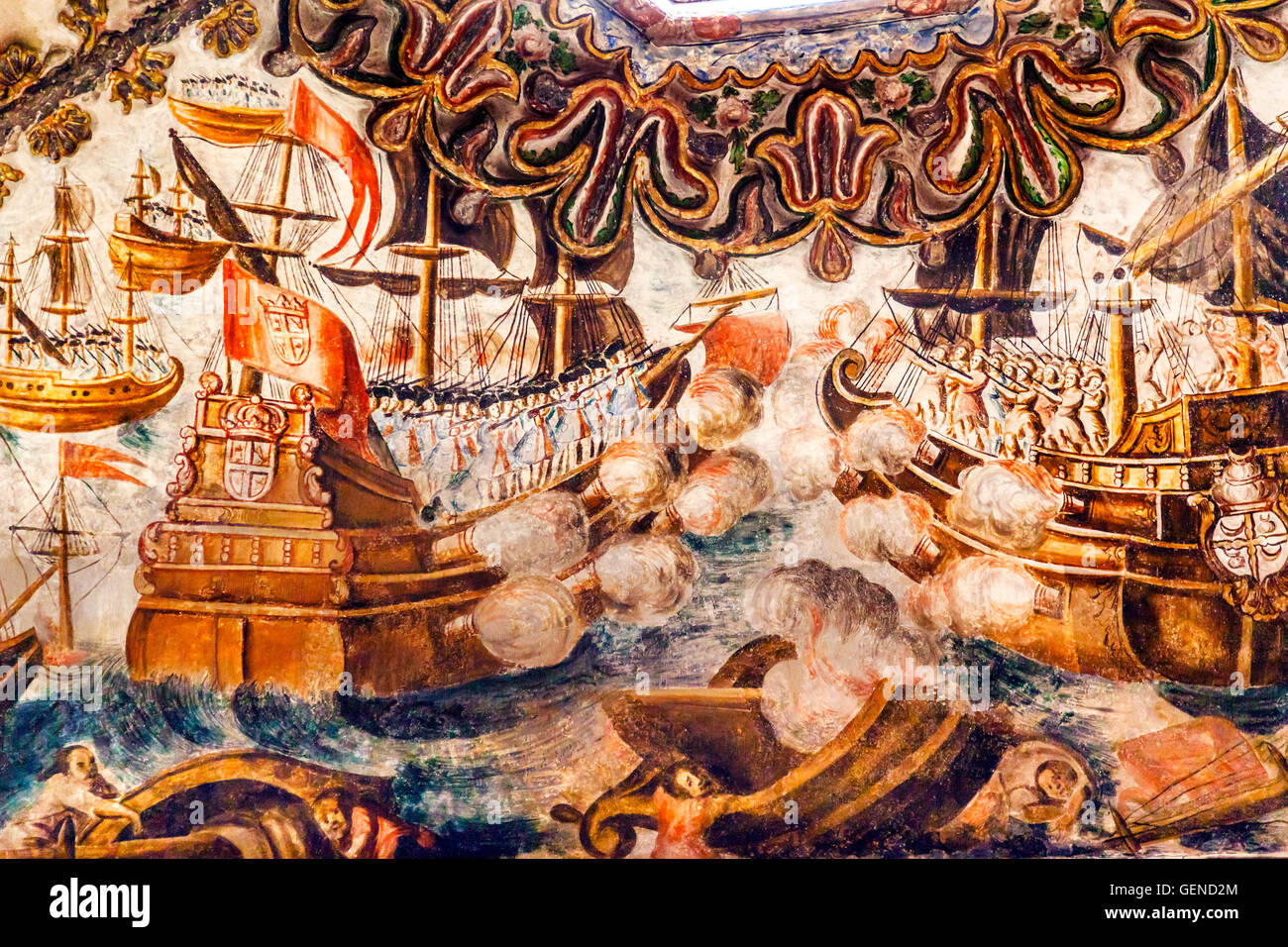 Mare spagnolo battaglia affresco Santuario di Gesù Atotonilco Messico. Costruito nel settecento conosciuta come la Cappella Sistina del Messico Foto Stock