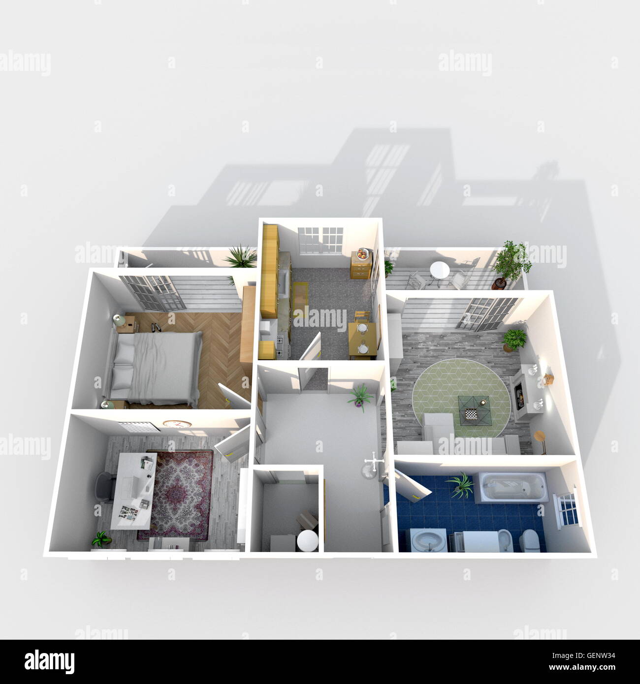 3D Interni rendering vista prospettica di arredato appartamento home Foto Stock